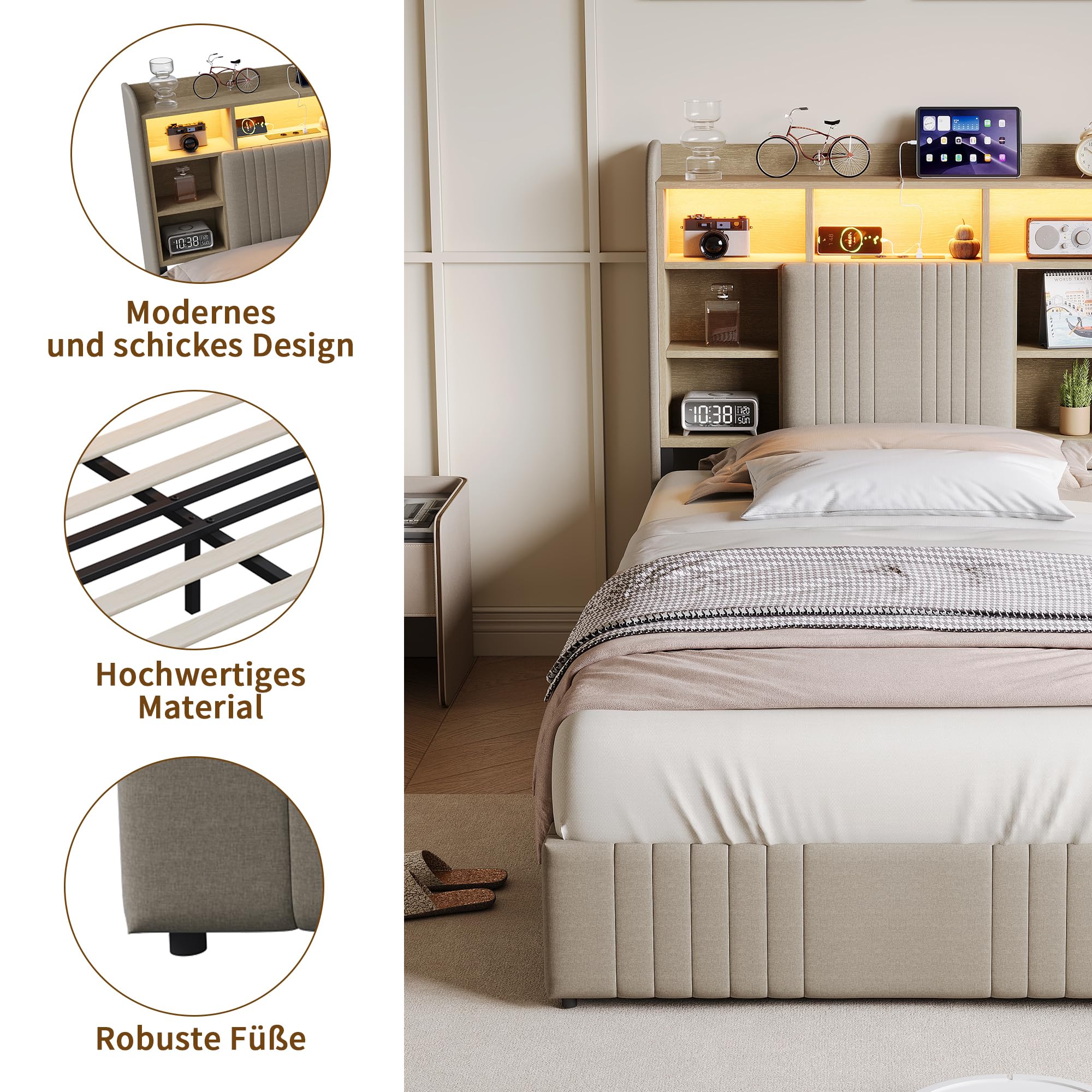 Letto singolo imbottito, 90 x 200 cm, con LED e vano portaoggetti, letto per ragazzi 90 x 200 cm, con illuminazione a LED e stazione di ricarica USB e tipo C, struttura imbottita con 2 cassetti