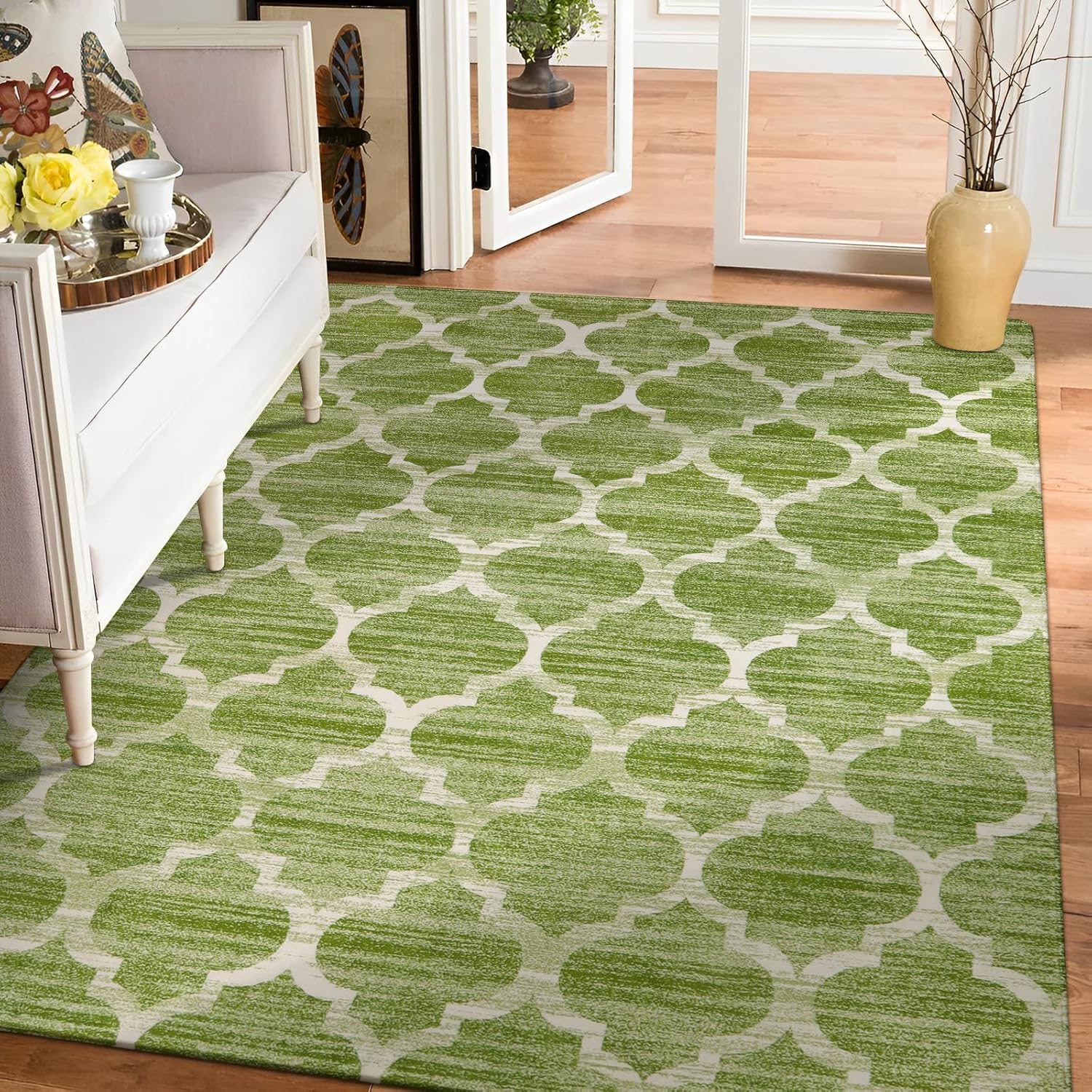 Lahome Moroccan Machine Washable Rugs for Living Room - 5x7 Area Rugs Non-Slip Large Throw Bedroom Rug Kitchen Rugs Soft Wool Green Dinning Room Rug Distressed Indoor Carpet for Entryway Off
