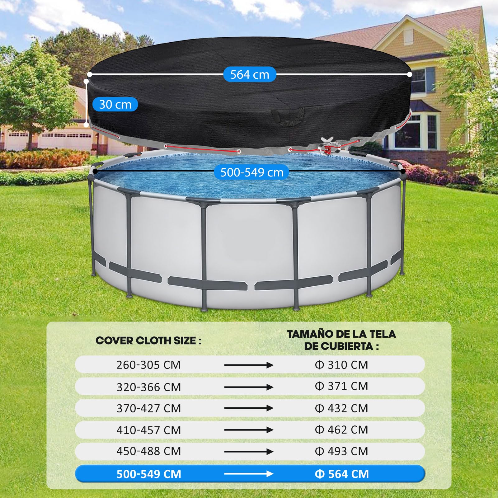 Cubre Piscinas Redondas Ø564x30cm para 500-550cm con Ojales | Negro, resistente a los rayos UV y al desgarro, para verano e invierno, compatible con piscinas INTEX y BESTWAY