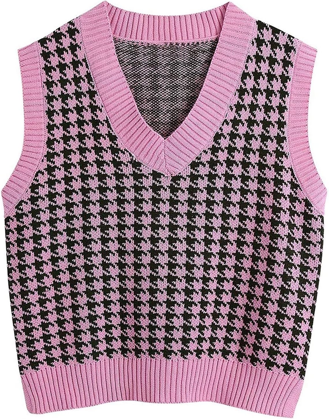 SHZFGUIWomens Sweaters Fall 2024 Sleeveless College Sweater Women Casual Holiday Warm Sweater Cropped V Neck Cozy Checked Sweaters Women