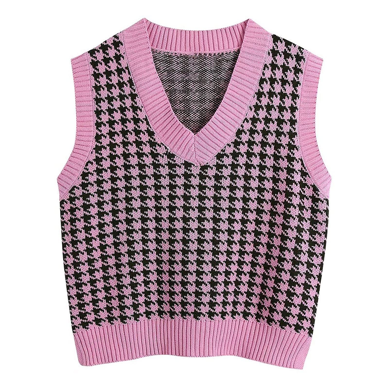 SHZFGUIWomens Sweaters Fall 2024 Sleeveless College Sweater Women Casual Holiday Warm Sweater Cropped V Neck Cozy Checked Sweaters Women