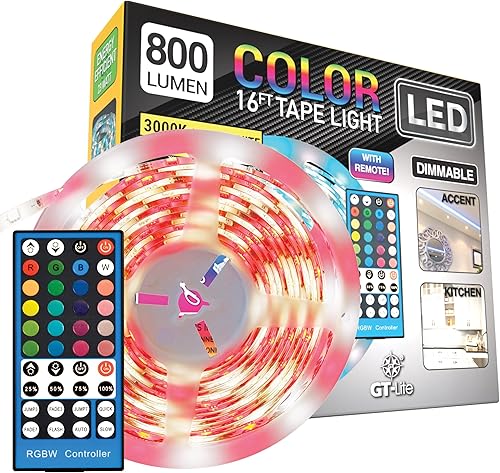 GT-Lite Cinta de luz blanca y de color de 800 lúmenes LED de 16 pies para cortar y conectar