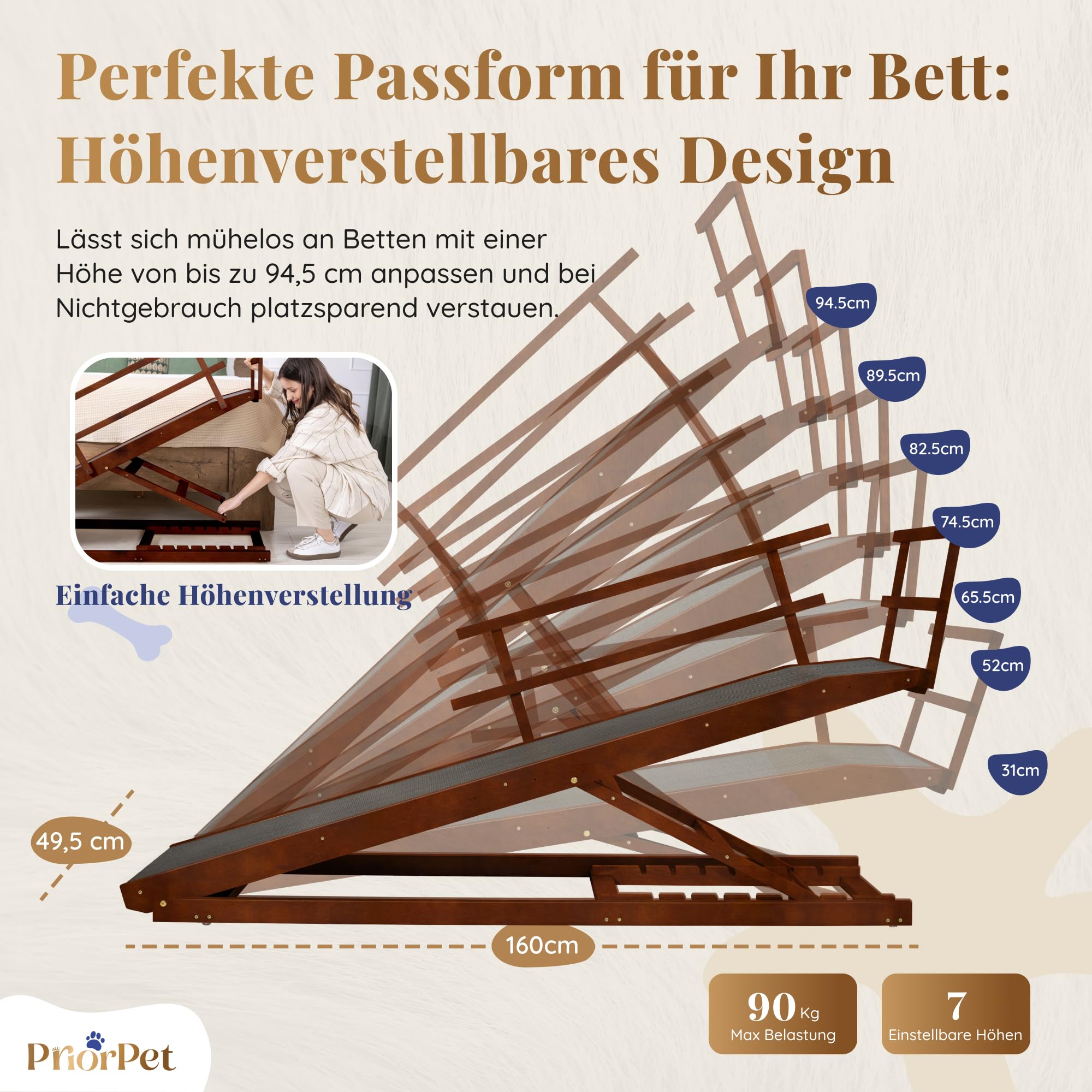 Hunderampe Bett mit Sicherheitsgeländer - Für Große Hunde bis zu 90 kg - Höhenverstellbare hundetreppe für Betten bis zu 94.5cm - Breite 49,5 cm - Klappbar - Anti-Rutsch-Griff - Birkenholz - Walnuß