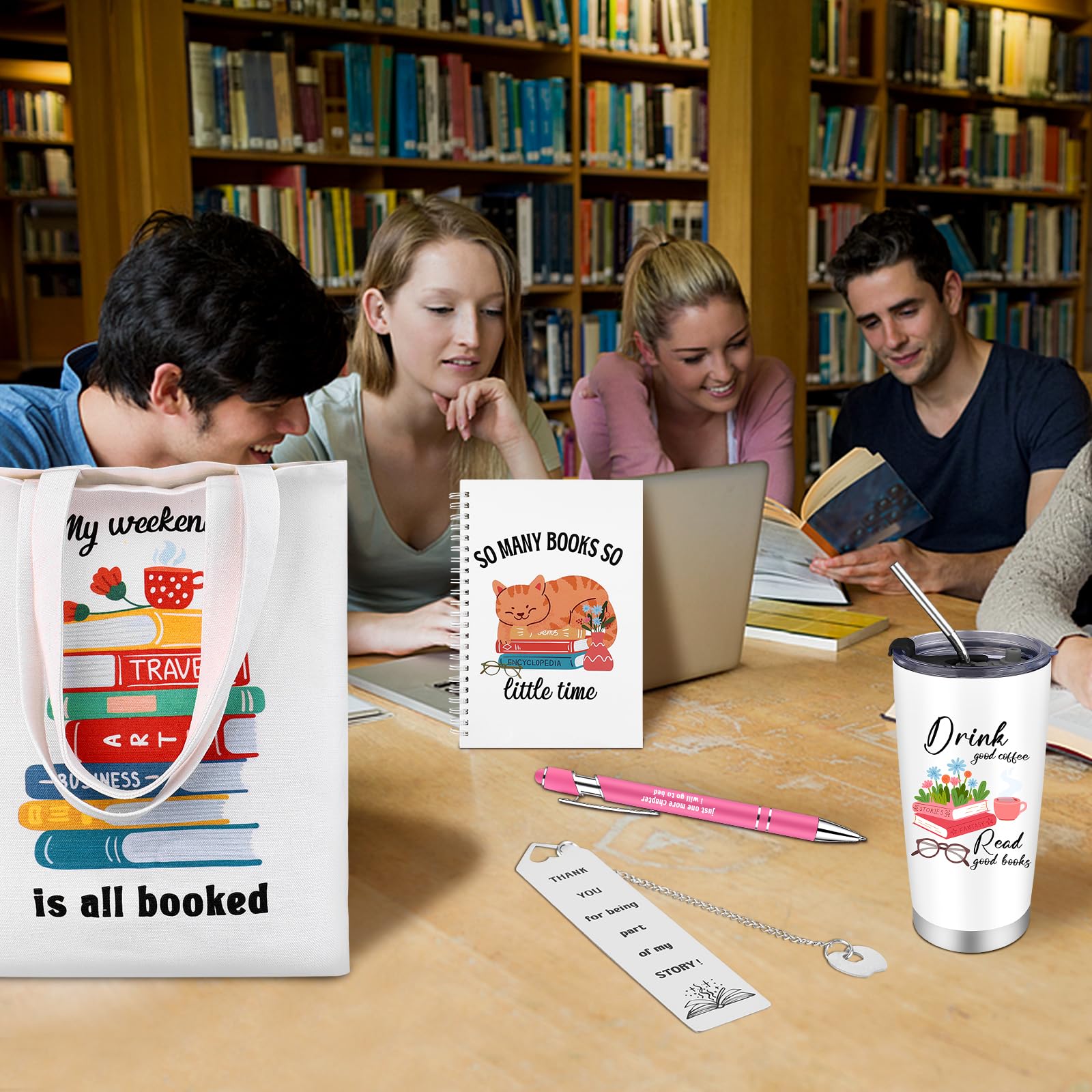 ULELE Set Regali per Amanti dei Libri 6 Pezzi, Set Regalo per Lettori, Accessori per Libri con Borsa in Tela, Borraccia 20oz, Calzini, Segnalibro, Quaderno, Penna a Sfera, Regalo a Tema Libri per