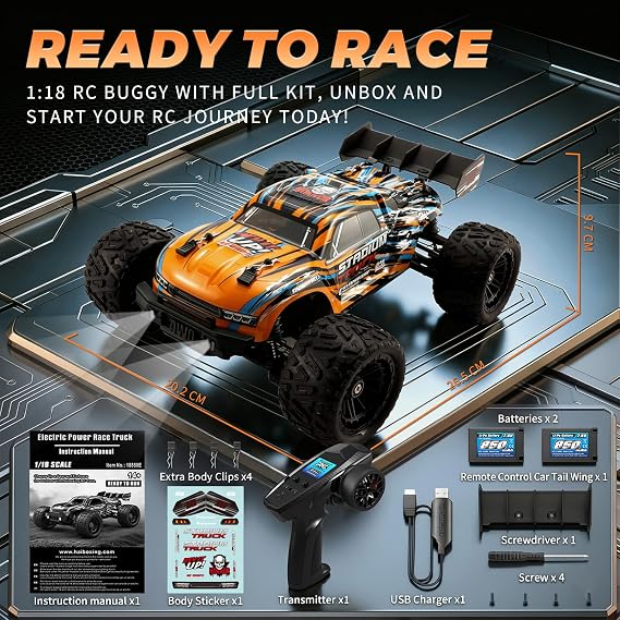 HAIBOXING 1:18 Remote Control Car, Fast RC Cars for Adults& Kids | Hobby RC Truck for Boys. 36KPH High-speed Off-Road RC Electric Vehicle with 2 Rechargeable Batteries(18858E)