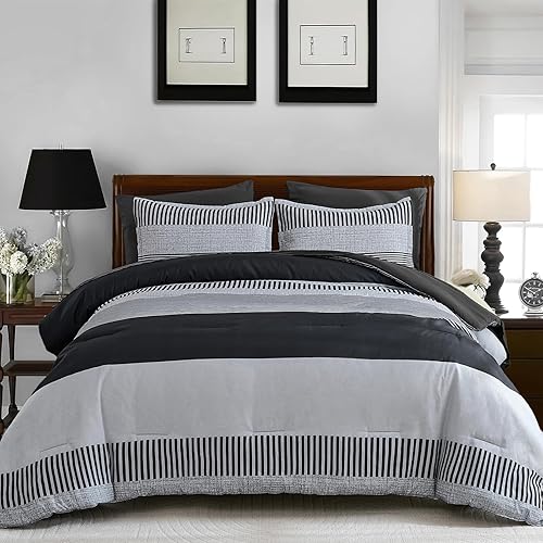 Vista 16 de Juegos de edredón de tamaño completo para dormitorio universitario, juego de edredón a rayas para niños, juego de edredón de estilo neutro simple