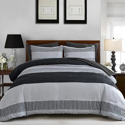 Kids Comforter Sets for Boys&Girls,Dark Gray Striped Comforter Set Full