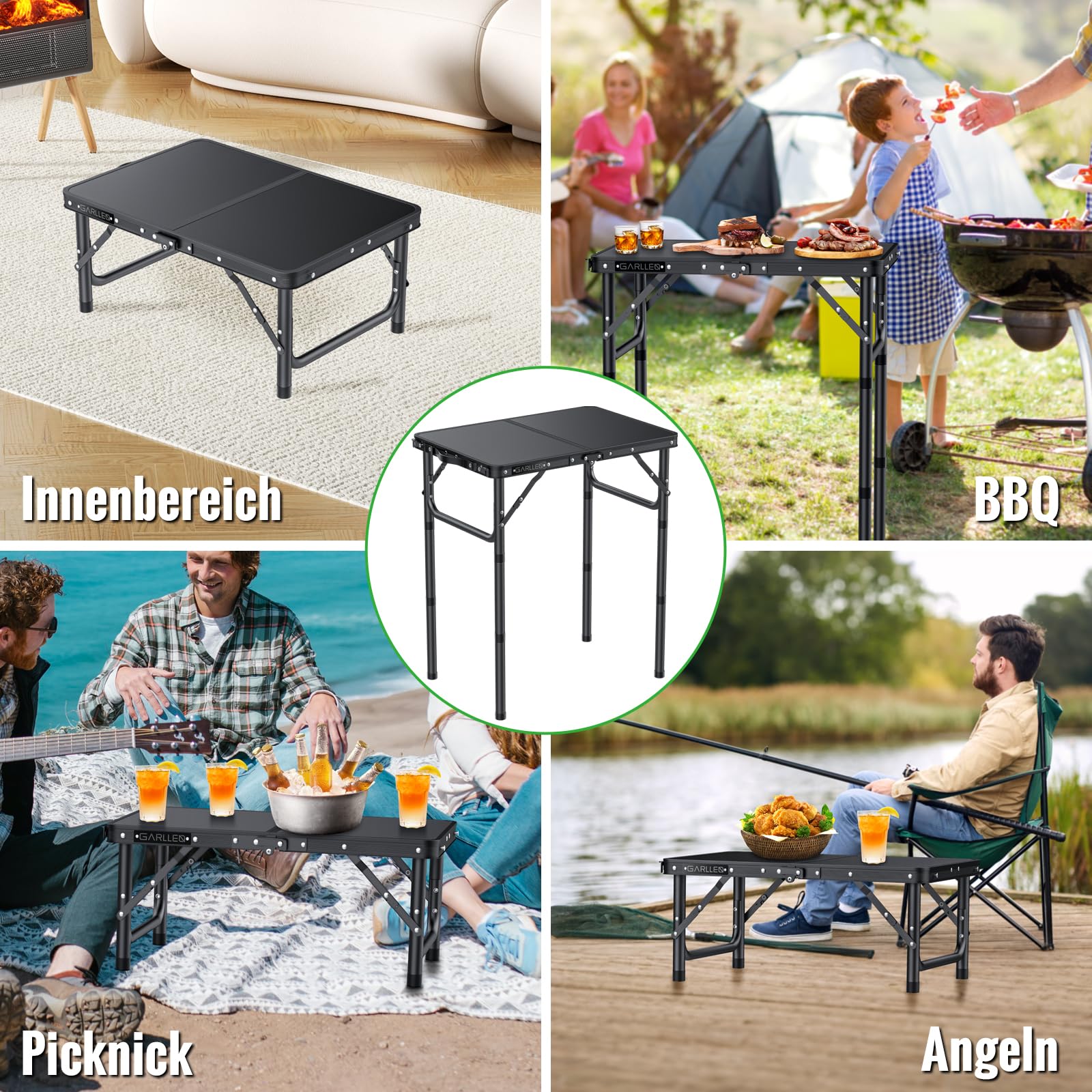 GARLLEN Campingtisch klappbar, 58x40cm & 3 einstellbare Höhen(26/48/70cm), Klapptisch Camping Tisch, Tragbar Beistelltisch Grilltisch Gartentisch Picknicktisch für Camping Picknick Garten (Schwarz)