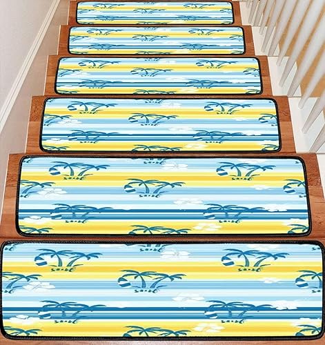 Alfombra para peldaños de escalera, 13 unidades, patrón de verano, estado de ánimo, windsurf, árboles, flores, dibujada a mano, antideslizante,