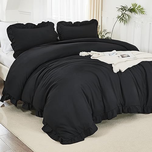 Litanika Black King Size Comforter Set, 3 Pieces Ruffle Farmhouse Aesthetic Bedding Comforter Set, All Season Soft Lightweight Fluffy Microfiber Bed Set(104x90In Comforter, 2 Pillowcases)