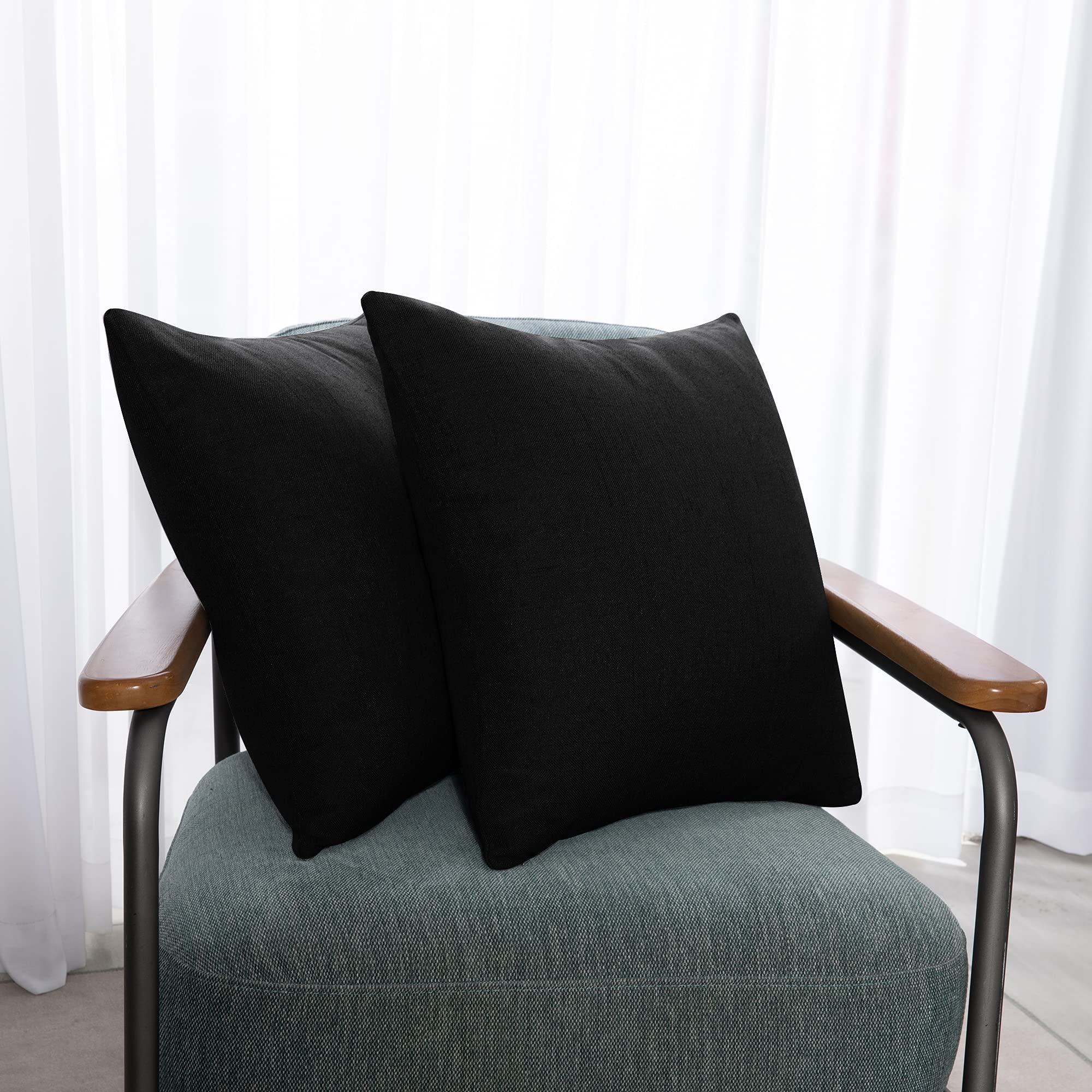 Deconovo Set of 2 Cushion Covers Faux Linen, Texture Throw Pillow Cases, Square Pillow Cover for Bedroom with Invisible Zipper, 20x20 Inch, Black