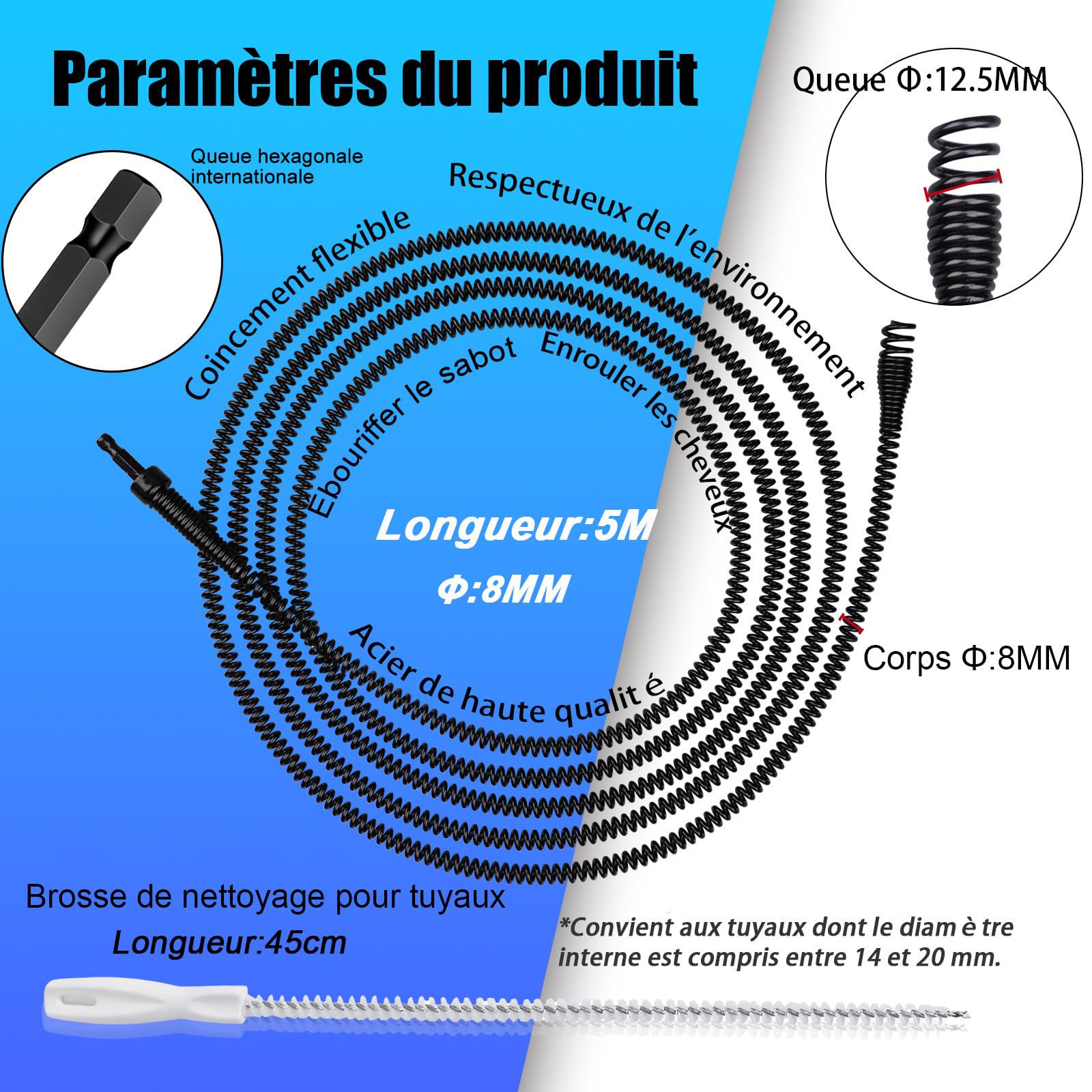 Spirale de nettoyage de canalisations Ø 8 mm, en acier à ressort, spirale pour le nettoyage des tuyaux, pour les bouchons tenaces, procédé d'électrophorèse (8mm, 5m)