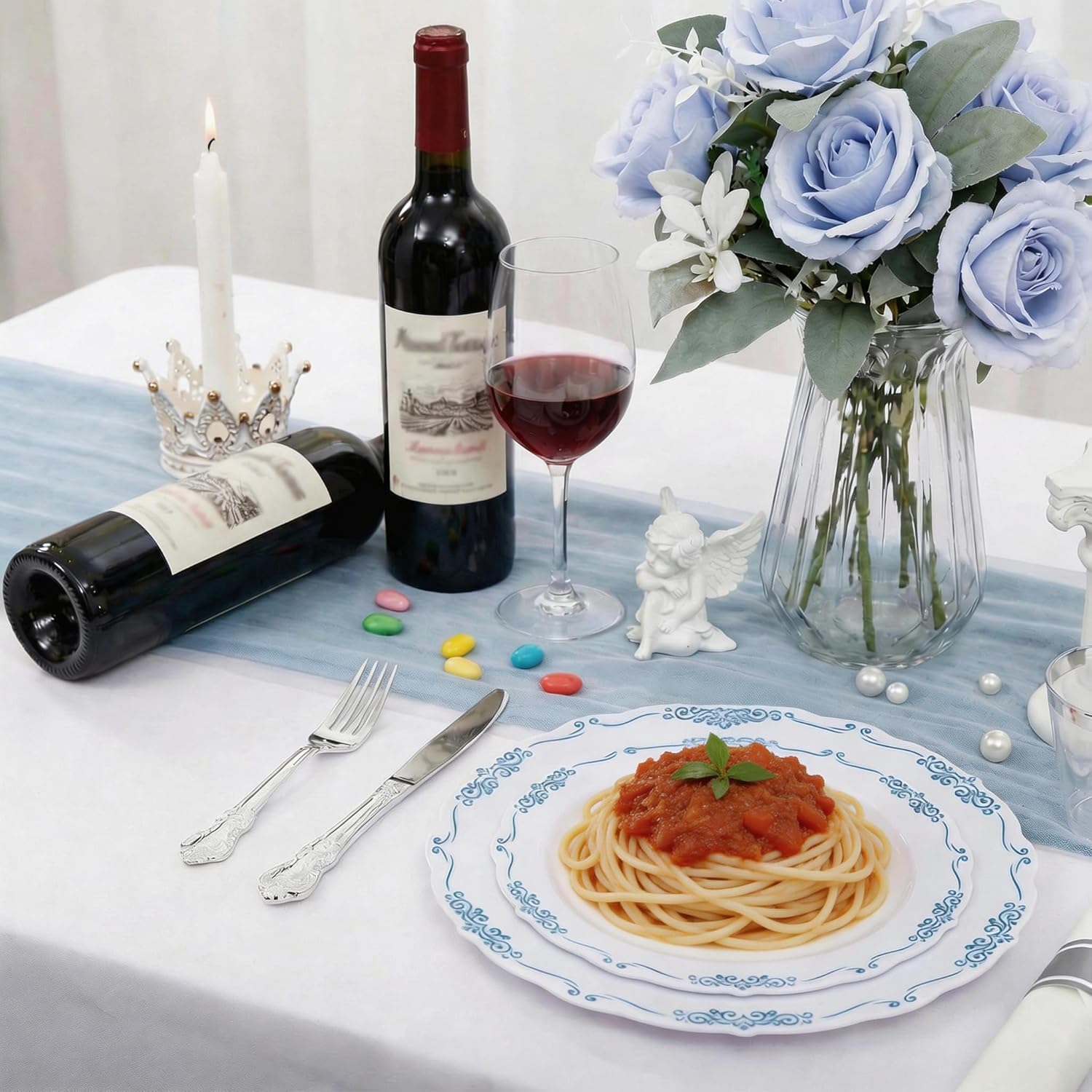 DaYammi 60PCS Blue and White Plastic Plates Blue Rim White Disposable Plates Blue White Party plates Include:30 Plastic Dinner Plate 30 Dessert plate and Wedding & Party Dining