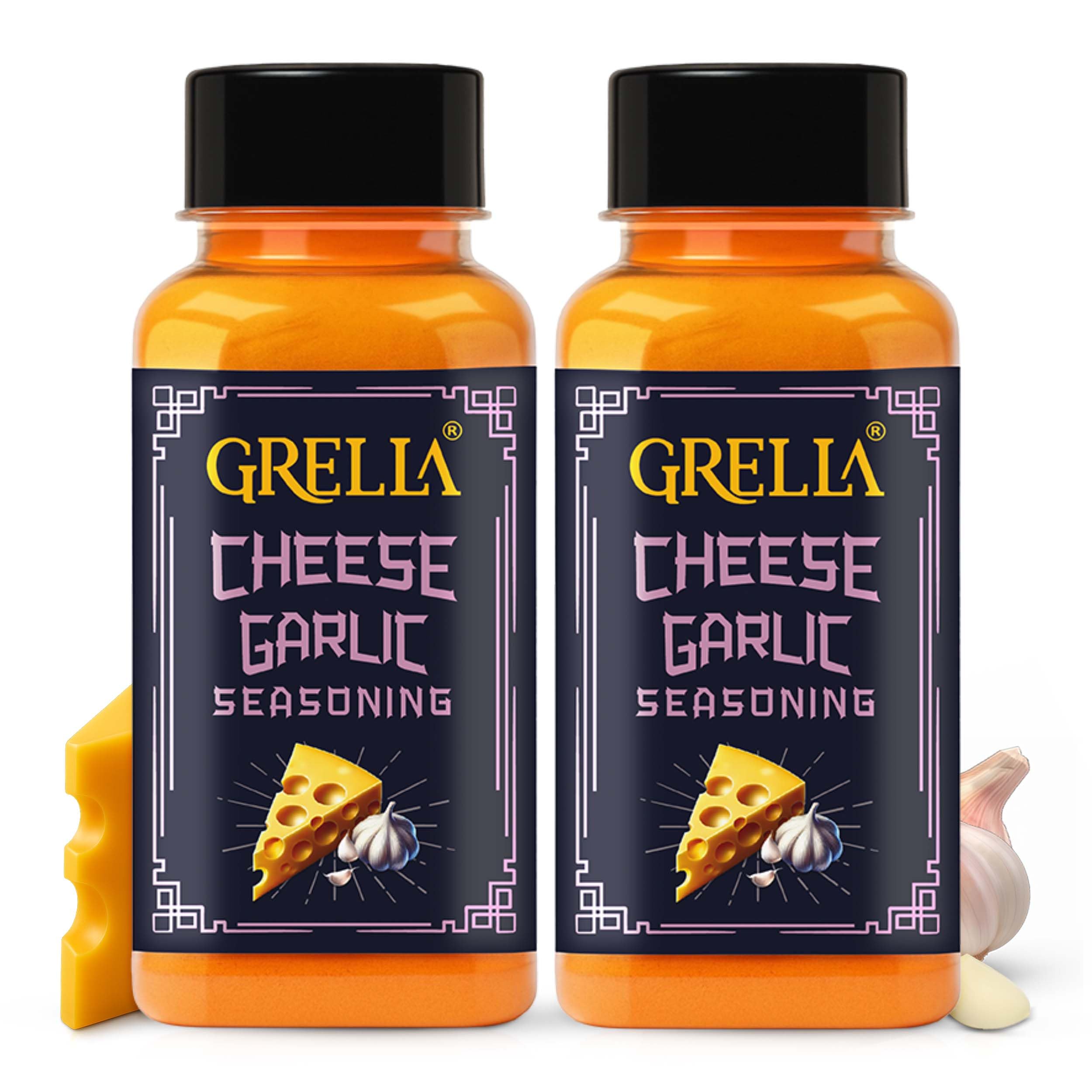 GRELLA Cheese Garlic Seasoning Powder|125 Gms X 2|For Popcorn,Nachos,Pasta,Fries,Dips&Other Snacks By-Season It Up,Theater Cheese Popcorn Powder|Garlic Cheddar Cheese Powder (Pack Of 2)