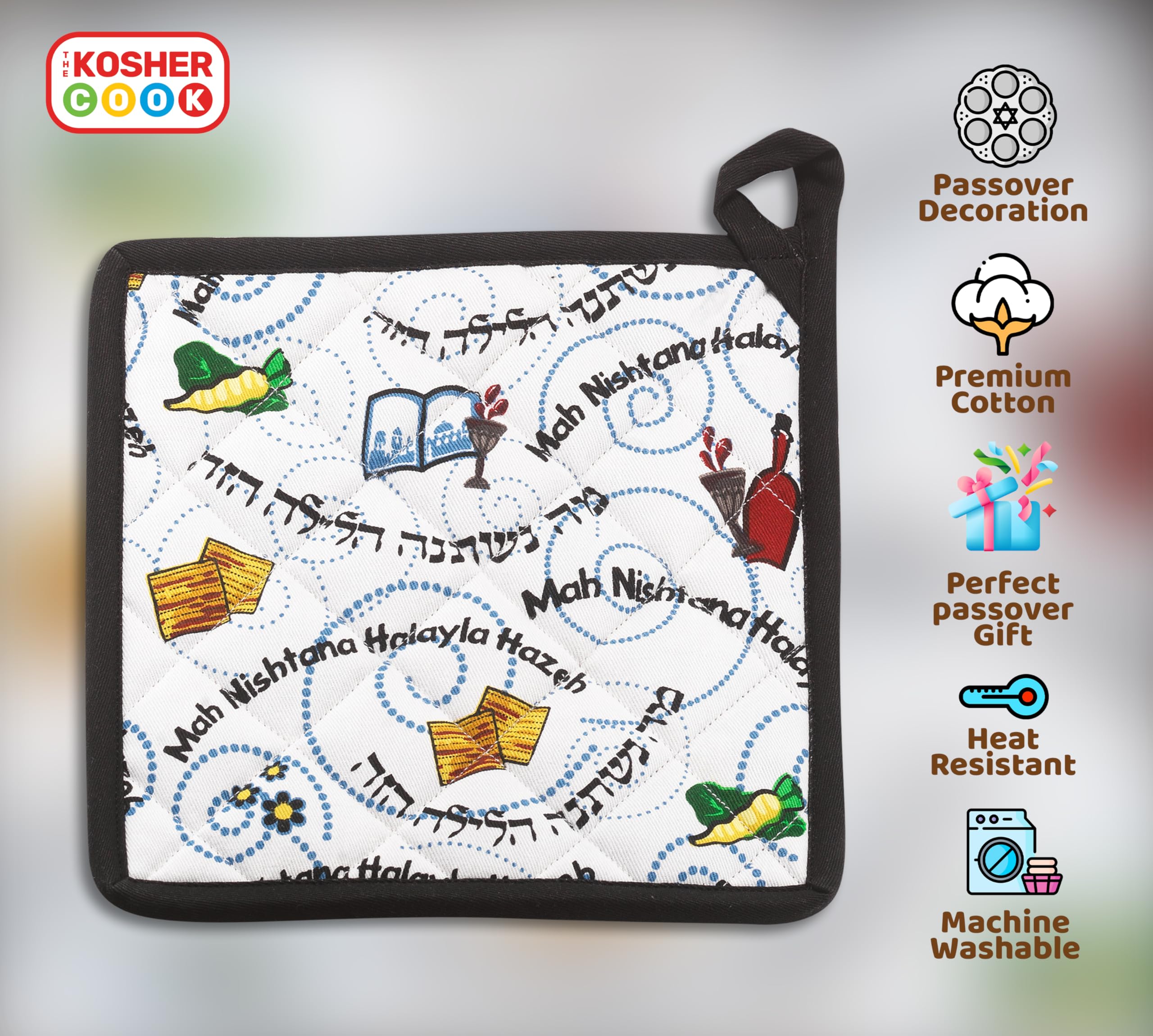 The Kosher Cook Pesach Pot Holder - Mah Nishtana Four Questions Print Design - 100% Cotton - Passover Seder and Kitchen Tools