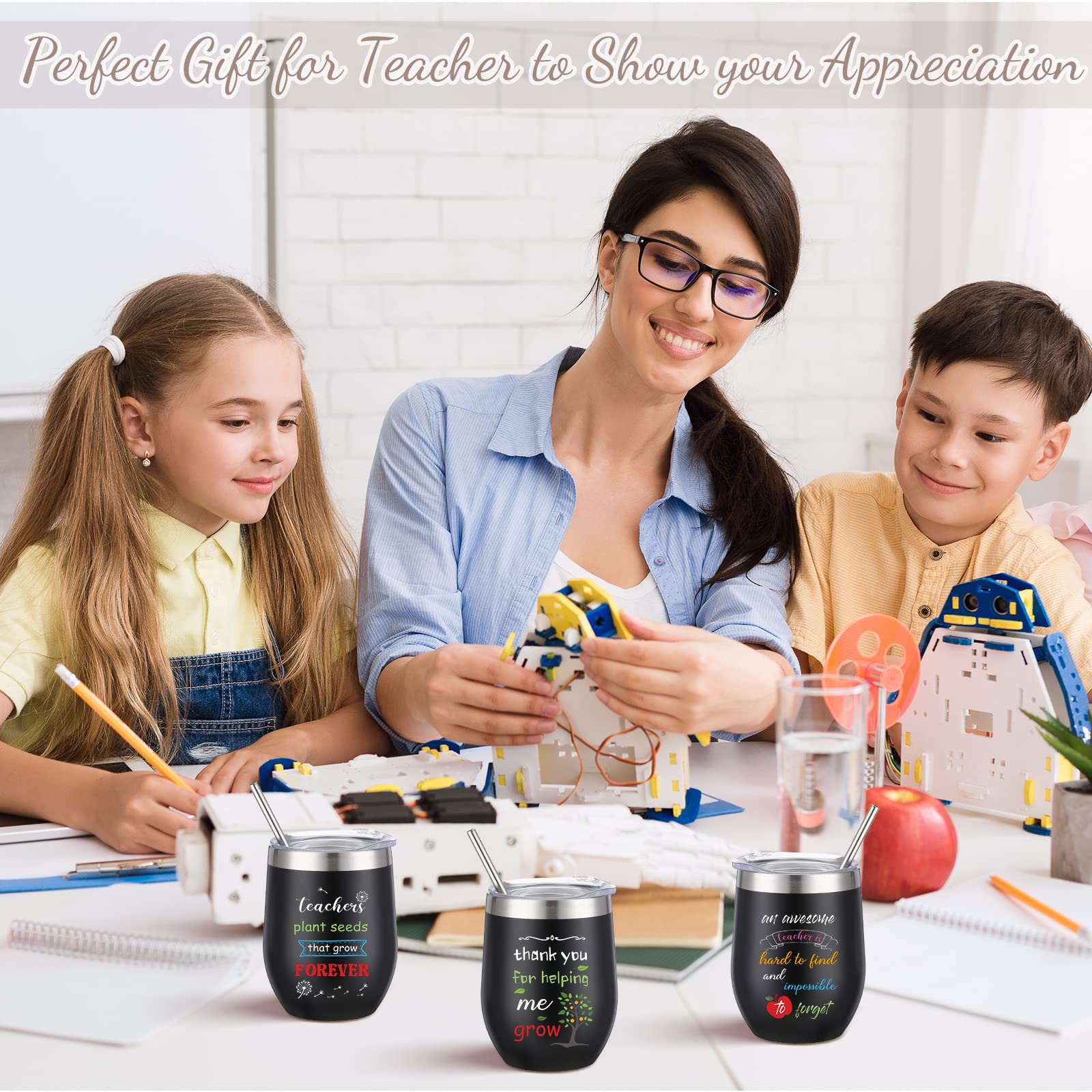 8 Pack Teacher Appreciation Tumbler Set – 12 Oz Stainless Steel Cups With Lids & Straws, Themed Designs - View #10