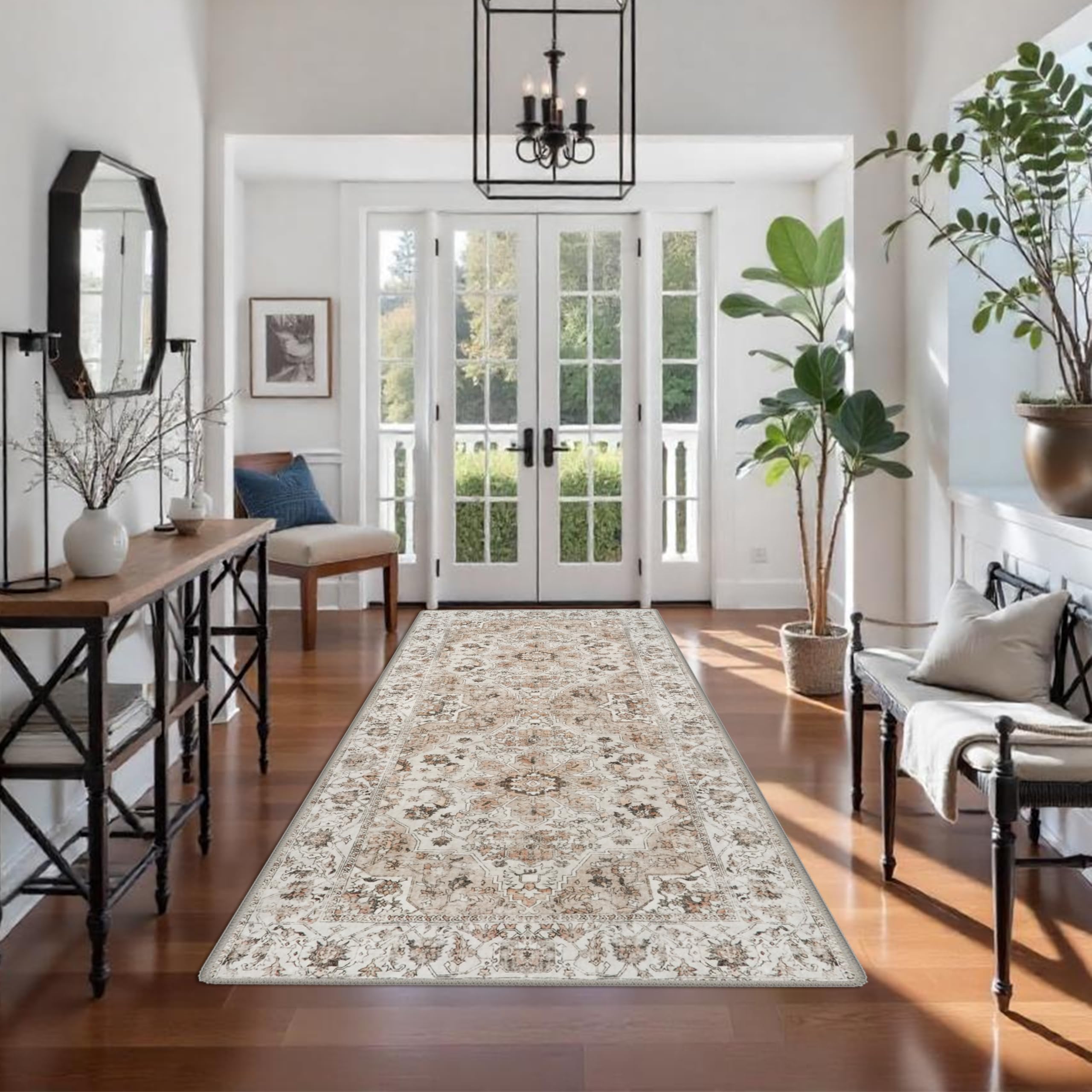 Washable Hallway Runner Rug 4x8: Non Slip Runner Rugs with Rubber Backing Soft Kitchen Rug Farmhouse Distressed Carpet Runner for Living Room Bedroom Bathroom (Beige, 4X8)