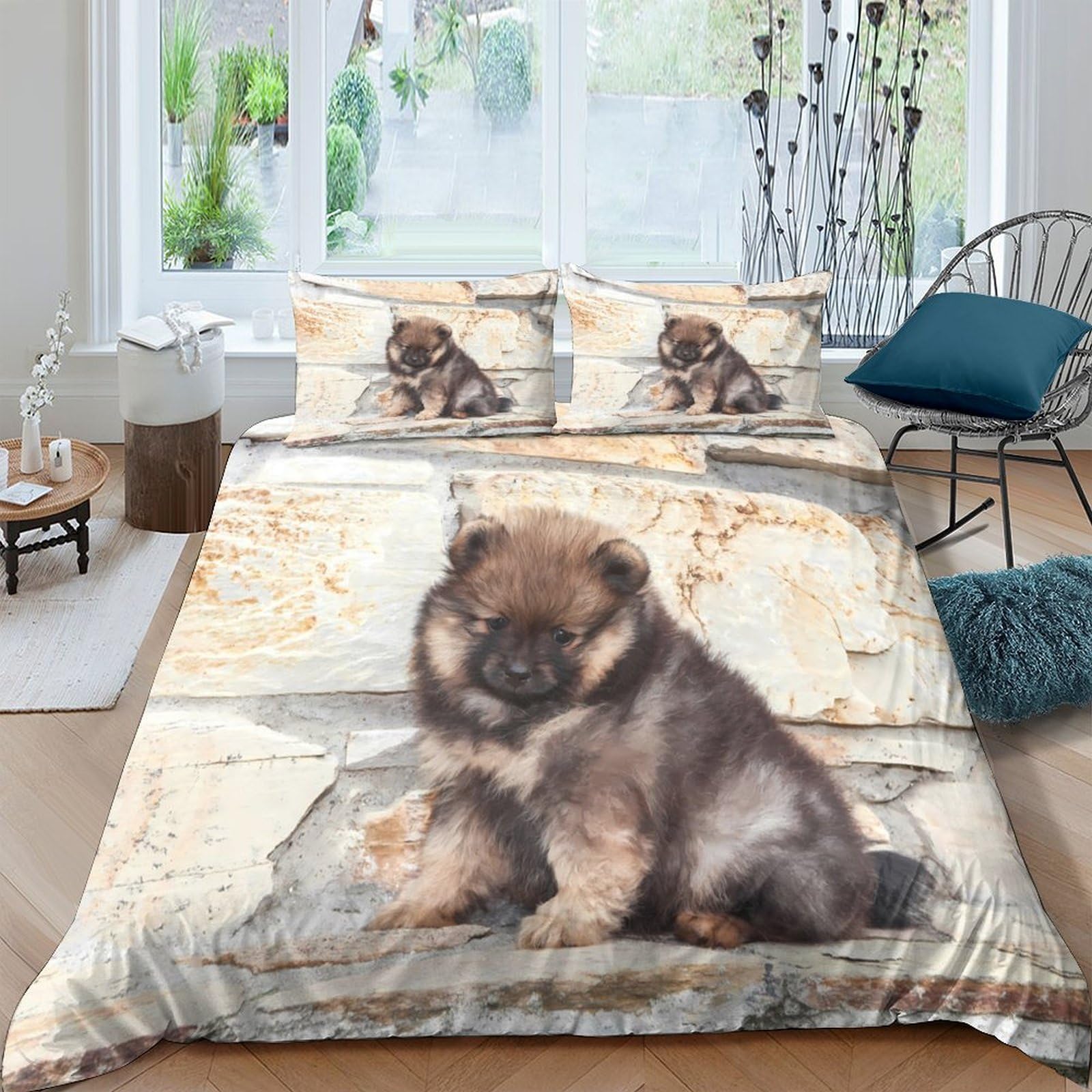 Ctjqhvkz Style-9 3D Printed Fluffy Puppy Fitted Sheet Microfiber Soft Bed Cover Dog Animal Pattern For Bedroom Dorm Mattress Protection Decor Single（135X200cm）