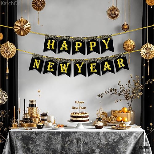 Miniatura 6 de KatchOn, Cartel de feliz año nuevo dorado y negro – Grande de 10 pies, sin bricolaje | Fondo de feliz año nuevo con purpurina para suministros de
