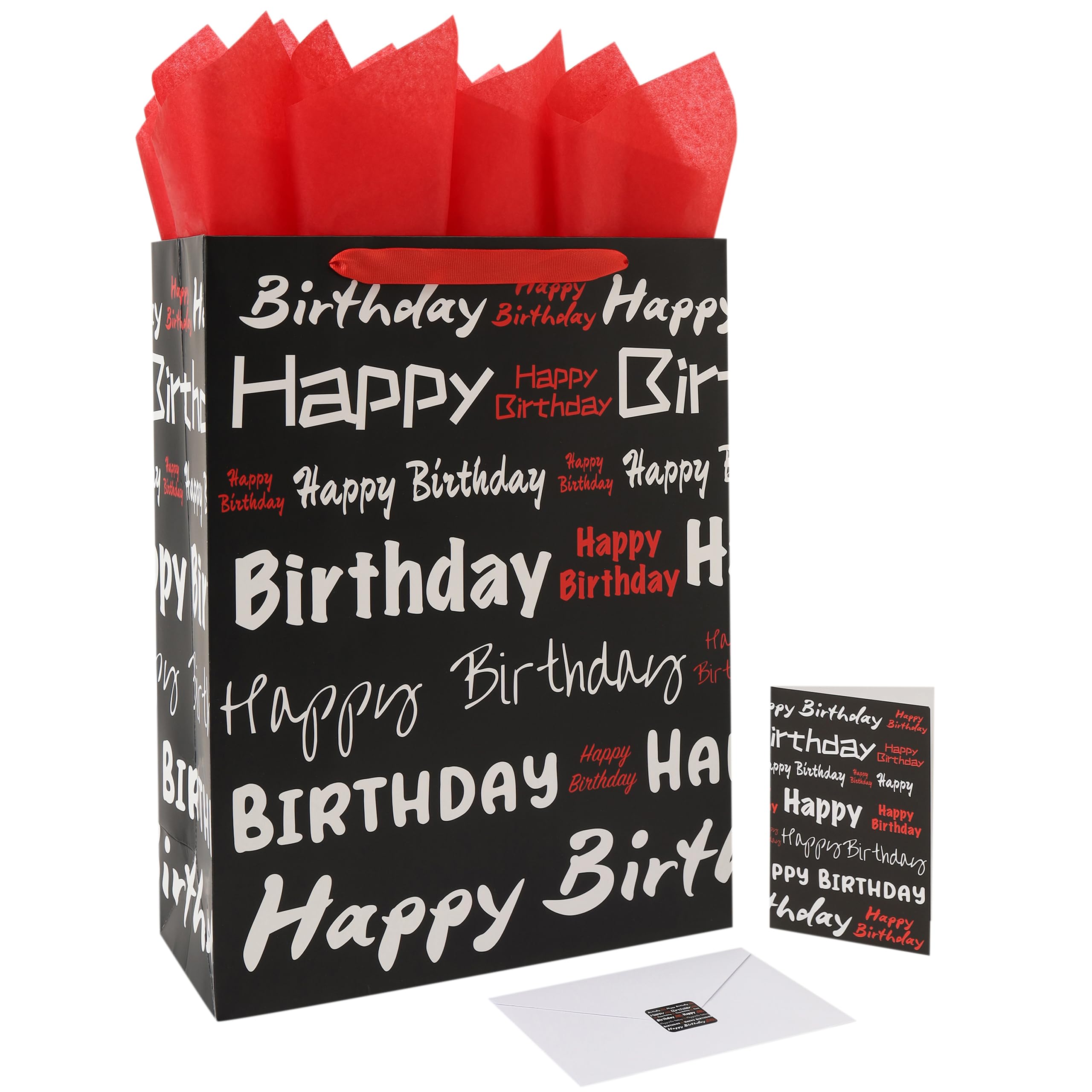 wishinside 16.5” Extra Large Black Happy Birthday Gift Bag Set with Handles, Greeting Card, Tissue Papers and Stickers for Women Men Girls Boys Kids