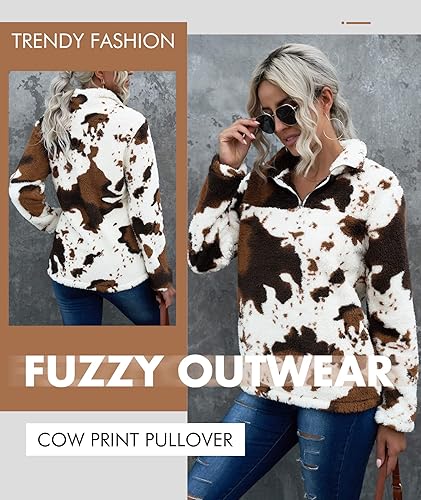 Miniatura 3 de EARKOHA Sudadera de forro polar de manga larga para mujer con cuello con cremallera estampado de vaca