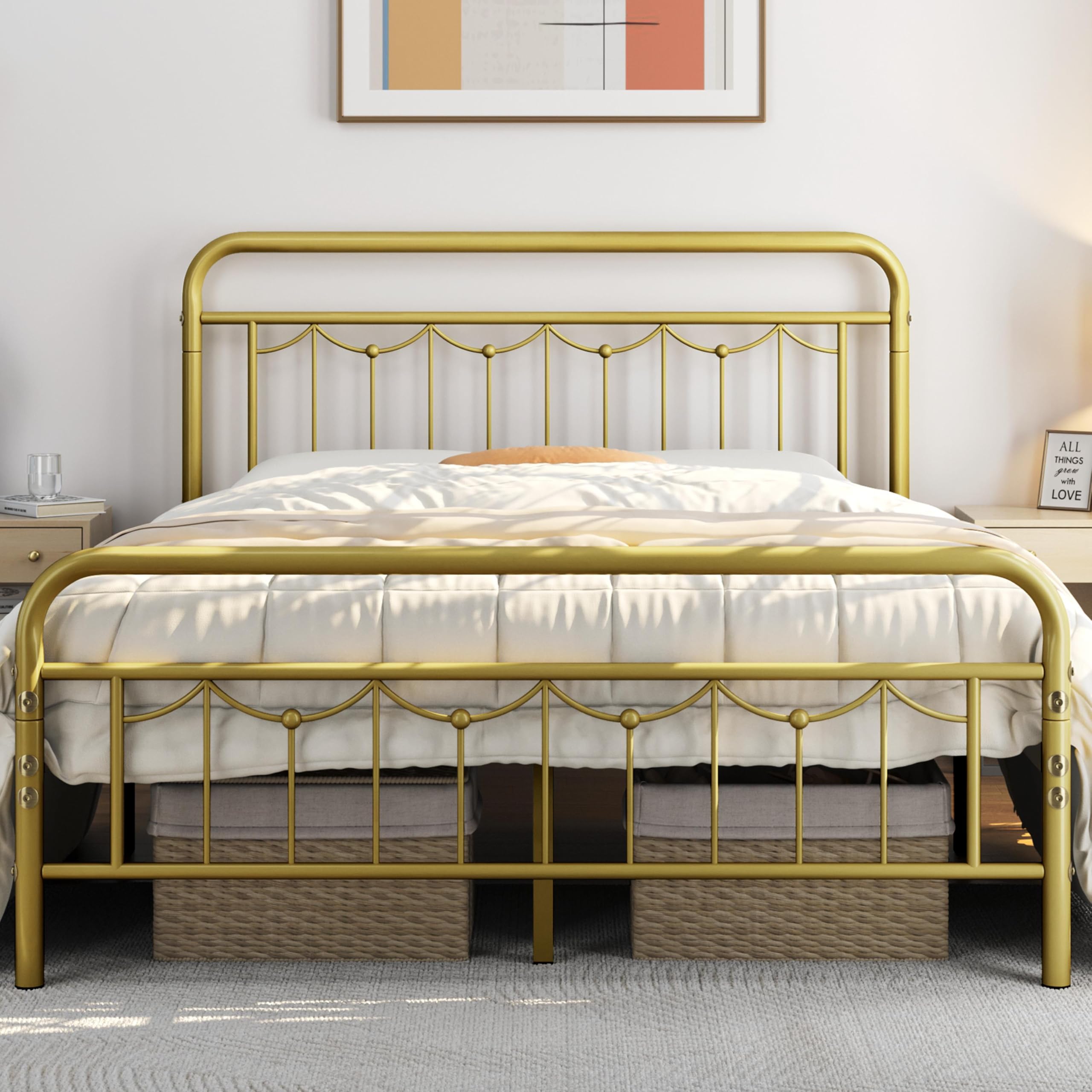 Yaheetech Queen Size Metal Bed Frames with Vintage Headboard and Footboard, Farmhouse Metal Platform Bed, Heavy Duty Steel Slat Support, Ample Under-Bed Storage, No Box Spring Needed, Antique Gold