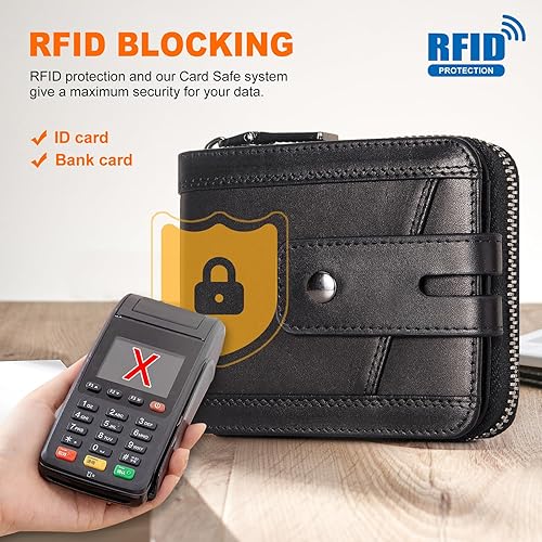 Miniatura 4 de Cartera con cremallera para hombre, de piel auténtica, cremallera alrededor del bolso, bloqueo RFID, ventana de identificación plegable, cartera con