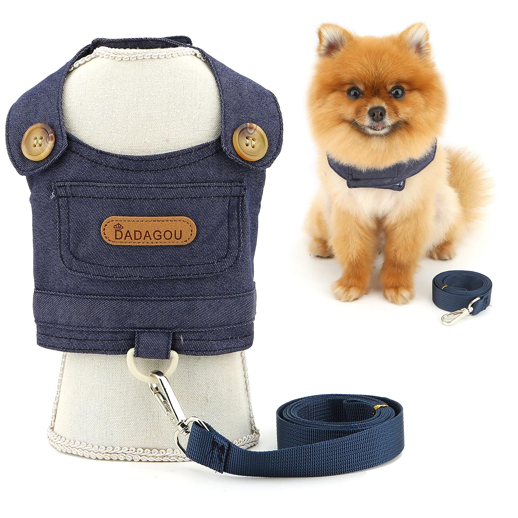 SMALLLEE_LUCKY_STORE Solid Denim Small Dog Harness No Pull Puppy Clothes with Leash Set Pet Harness Vest with D-Ring Summer Shirt Pet Chihuahua Yorkie Outdoor Walking Running Apparel Dark Blue L