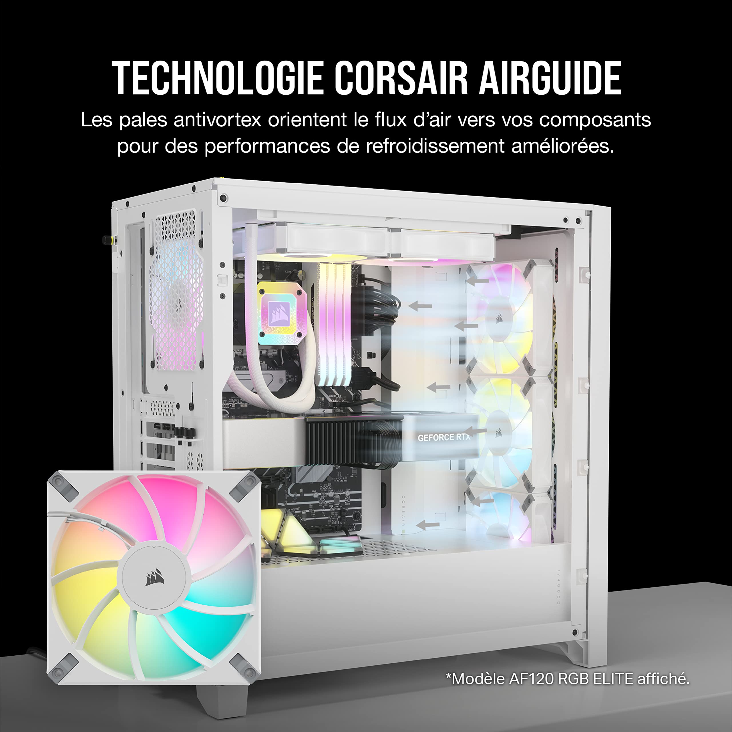 Corsair iCUE AF120 RGB ELITE 120mm PWM Kit de Trois Ventilateurs - Huit LED RGB Par Ventilateur - Technologie AirGuide - Palier Fluid Dynamic - Contrôleur iCUE Lighting Node CORE Inclus - Noir