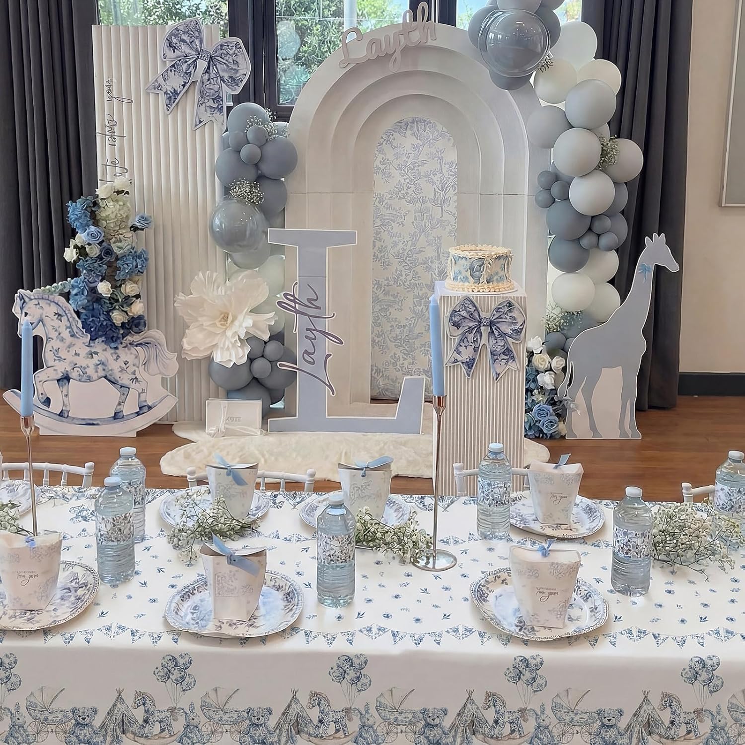 Batiyeer 3 Pcs Blue Toile De Jouy Baby Shower Decorations Chinoiserie Porcelain Plastic Tablecloth Blue White Vintage Floral French Rectangle Table Cover for Nursery Birthday Party Supplies, 54x108''