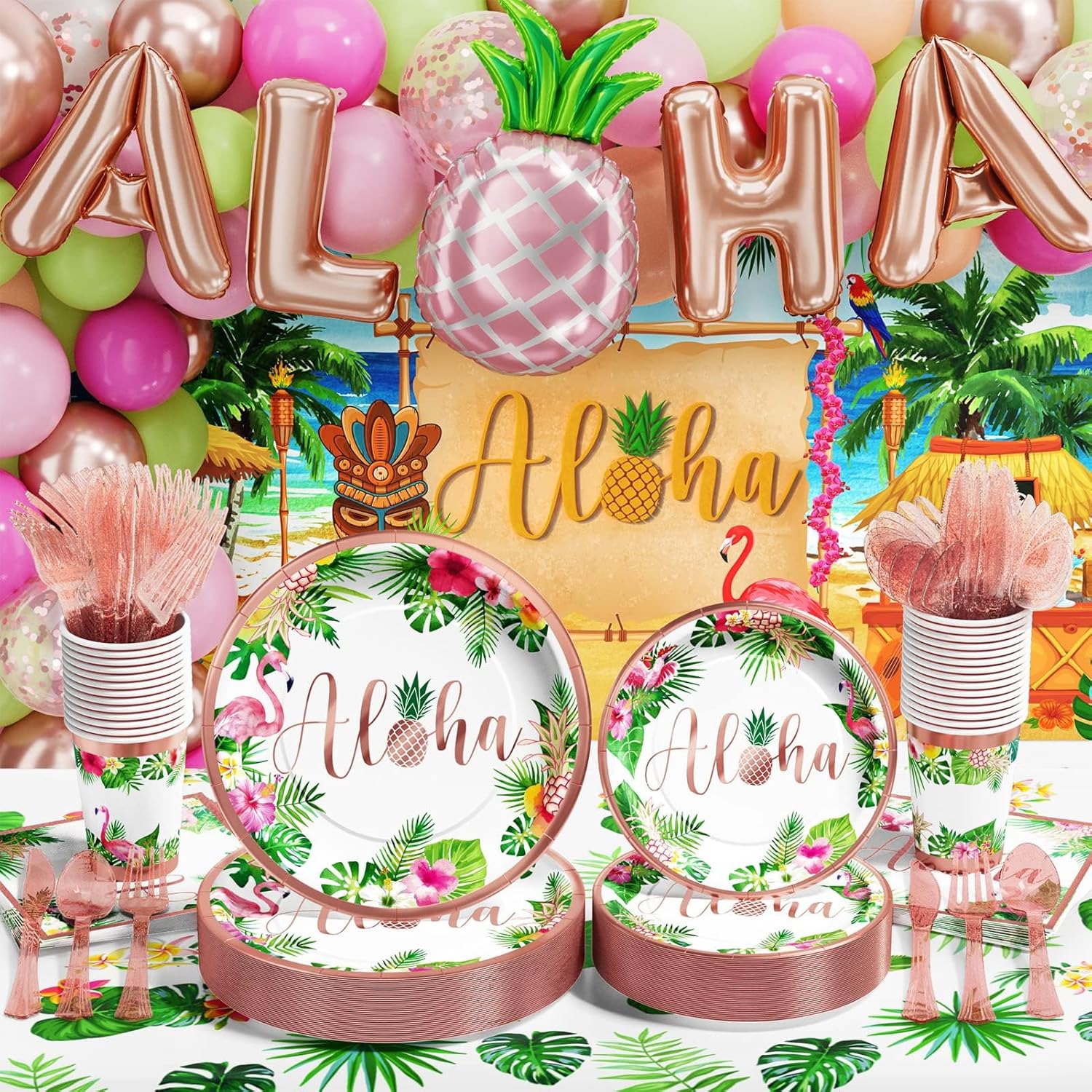 Ecomore Hawaiian Luau Birthday Party Supplies, 246PCS Disposable Dinnerware(25 Guest) & Tropical Beach Summer Decoration Paper Plate Cup Napkin Cutlery Tablecloth Backdrop Balloon Garland(Rose Gold)