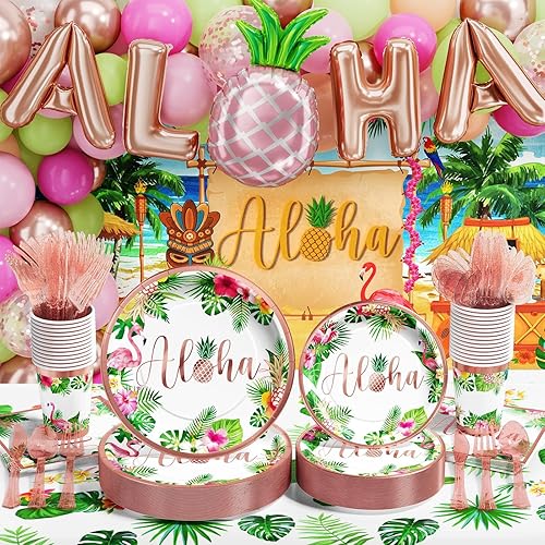Ecomore Suministros de fiesta de cumpleaños Hawaiian Luau, 246 piezas de vajilla desechables (25 invitados) y decoración de verano tropical para la