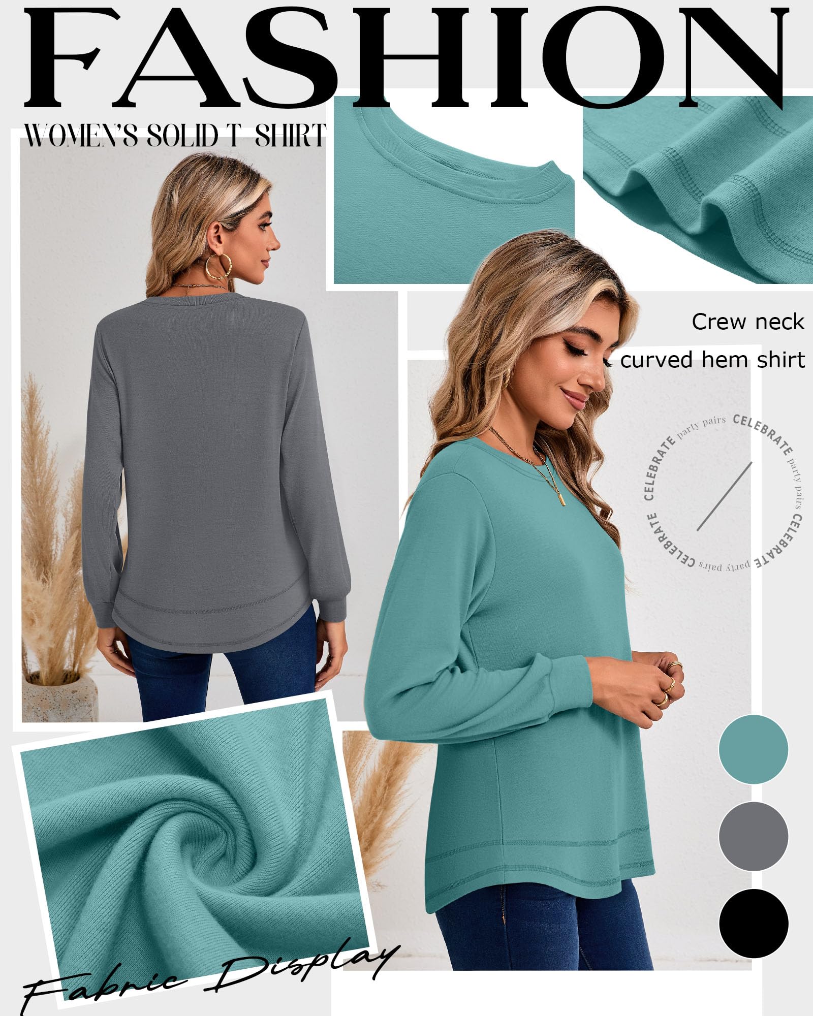 Ficerd 3 Pack Women's Long Sleeve Shirts, Cotton Crew Neck Tunic Tops Casual Loose Fit Pullover Sweatshirts Curved Hem Shirts