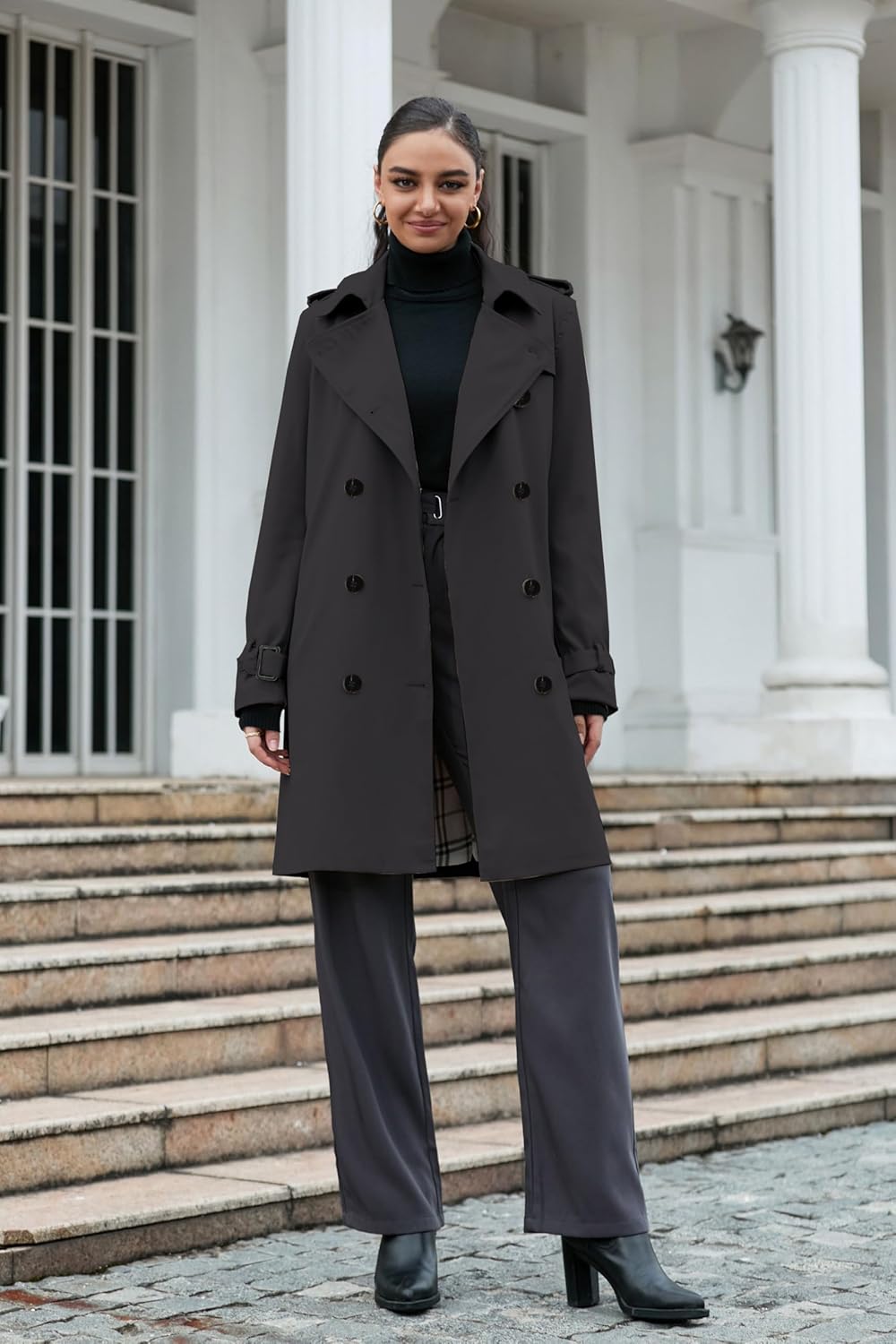 Betusline Women's Double Breasted Waterproof Trench Coat Classic Lapel Overcoat with Belt - Image 3