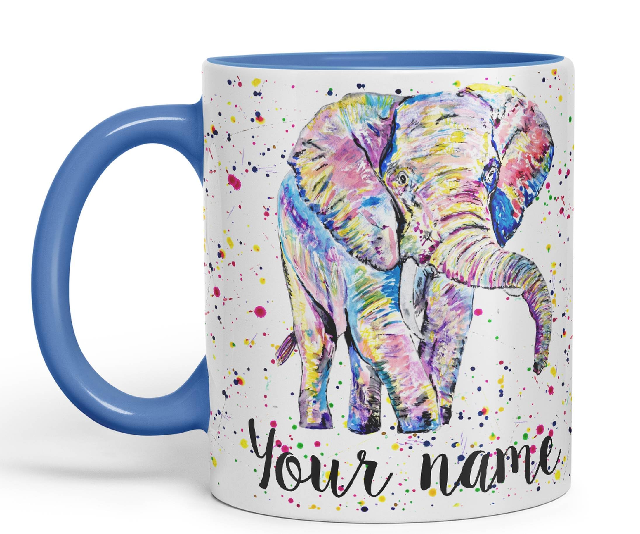 Vixar Personalised with Your Text Elephant Forward Facing Wild Animals Watercolour Art Coloured Ceramic Mug Cup Gift 330ml 11oz Custom Work Office Tea Coffee (C Blue)