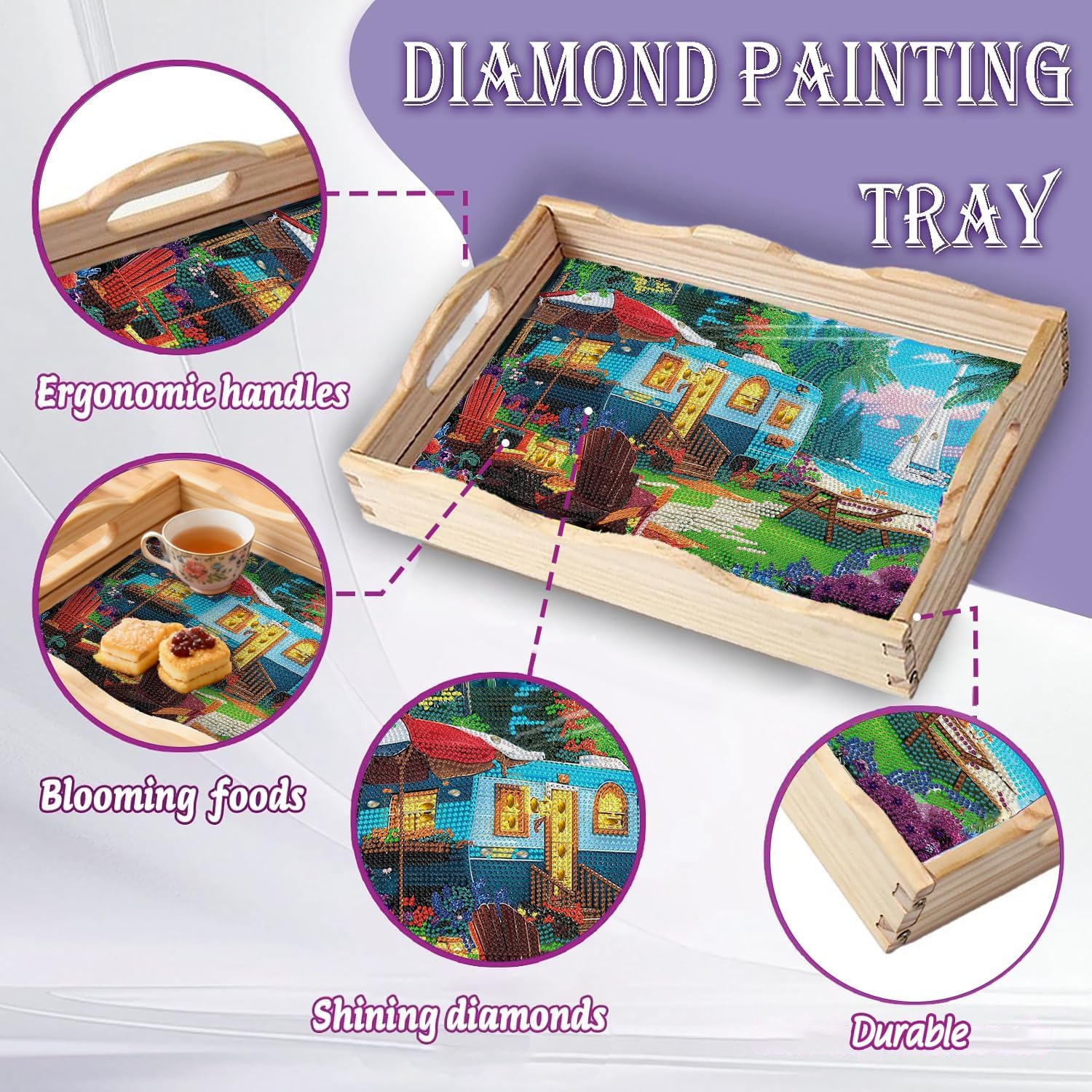 EWJRNSF 5D Diamond Painting Landscape Diamond Art Kits for Adults Wooden Serving Trays with Handles Big Gem Arts and Craft Gifts Trays Decor Gift Home Decor 12.2x16.1 Inches Scenery