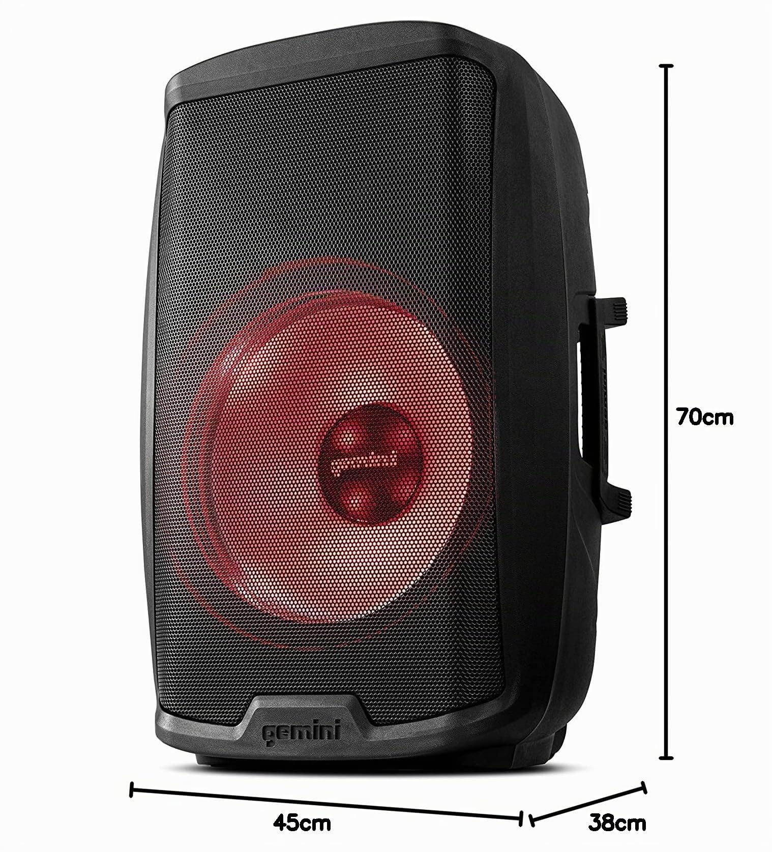Gemini Sound AS-2115Bt-Lt – Enceinte de sonorisation active DJ Bluetooth de 2000W avec woofer 15”, Eclairage festif à LED, Sd, USB, Entrée/sortie XLR§, 2x 6,3mm Microphone/RCA et entrées AUX, Tws