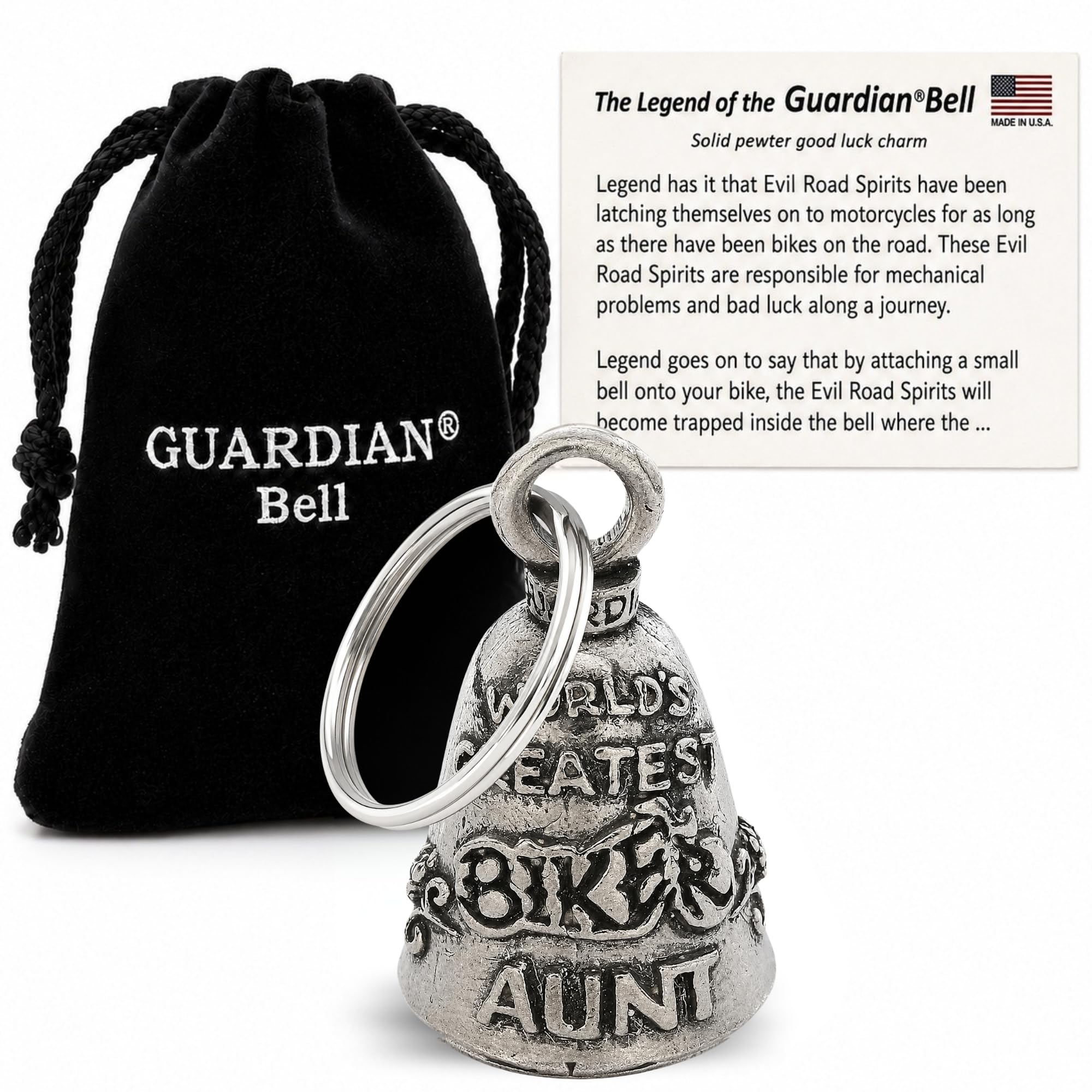Guardian Bell Good Luck Bell w/Keyring &amp; Black Gift Bag | Motorcycle Bell | Pewter | Good Luck Gift | Bike Bell | Made in USA