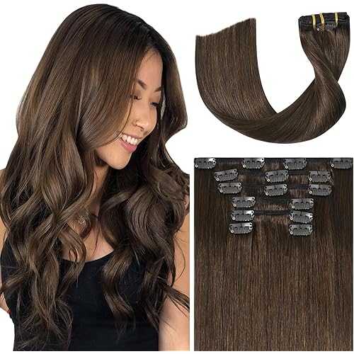 Ukira Brown Hair Extensions Real Human Hair, 18 Inch 75g 7pcs Medium Brown Clip in Hair Extensions Real Human Hair, Soft Natural Straight Remy Human Hair Clip in Extensions for Women