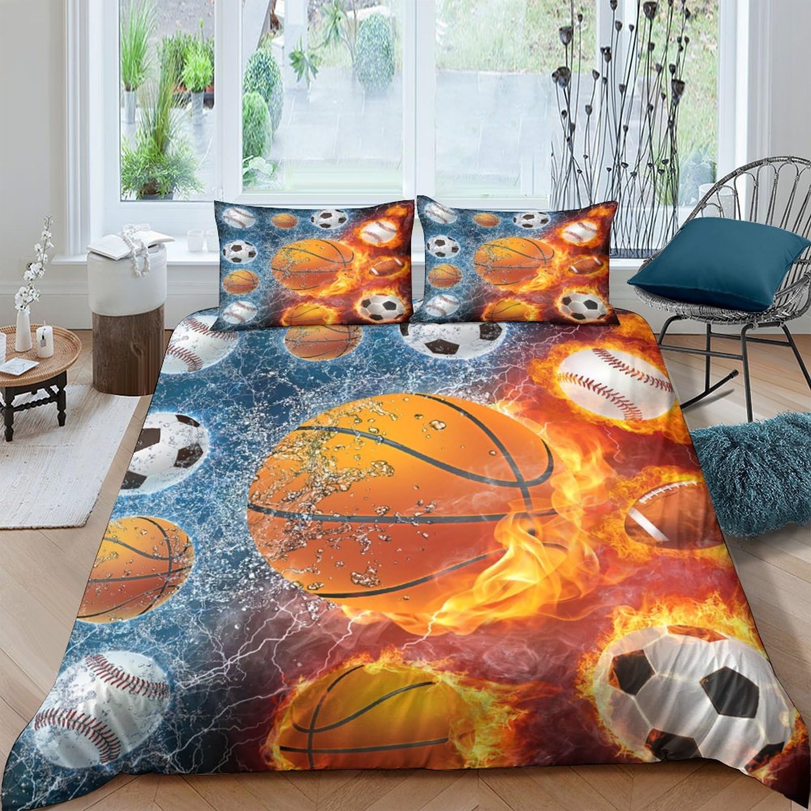 Ctjqhvkz Style-3 3D Printed Fire Basketball Fitted Sheet Microfiber Sports Soccer Bed Cover Anti-Slip Machine Washable Decor For Bedroom Single（135X200cm）