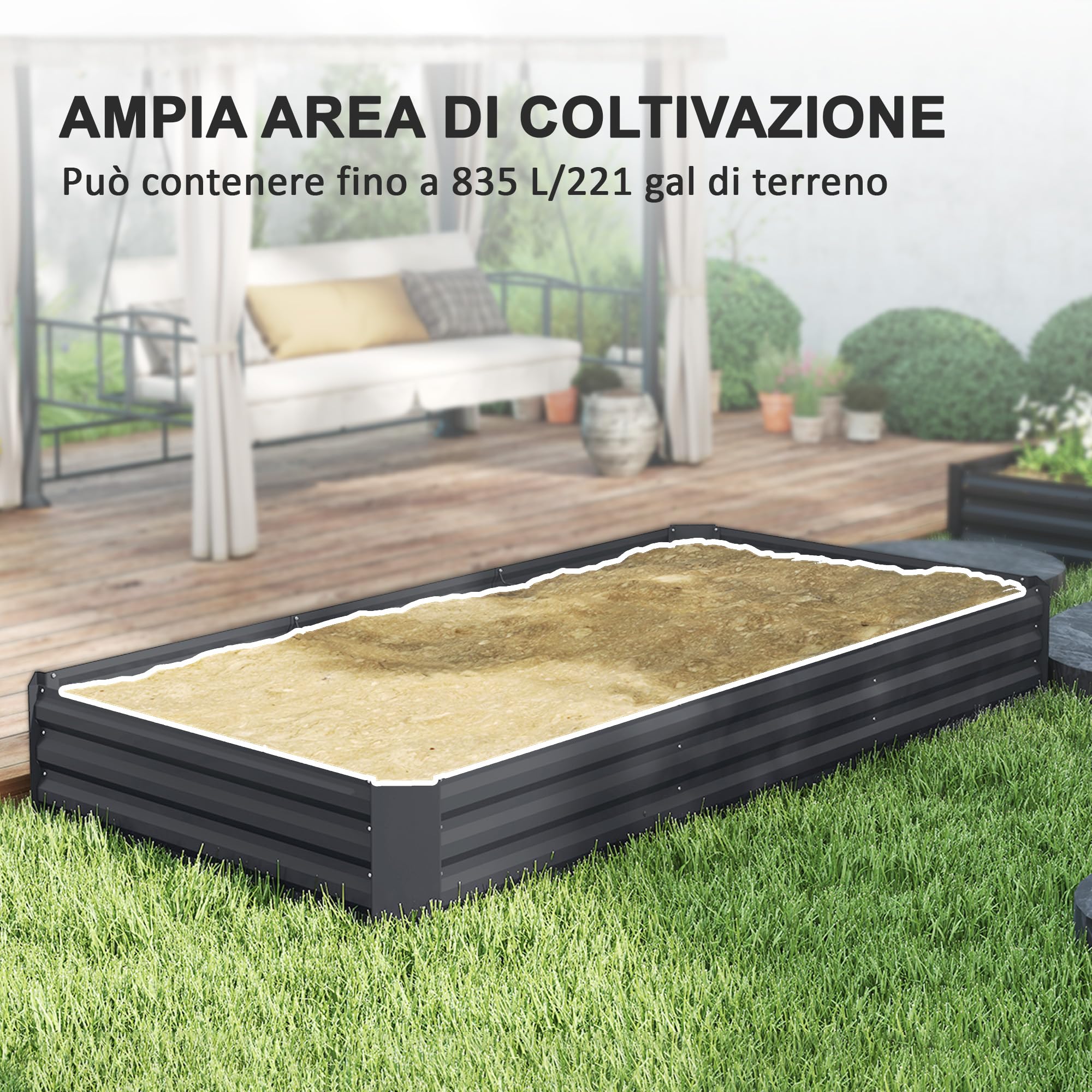 Outsunny Letto per Orto Rialzato da Esterno 835L, Fioriera da Balcone in Acciaio Galvanizzato con Fondo Aperto, per Piante, Fiori e Verdure, 240x120x30cm, Grigio Scuro