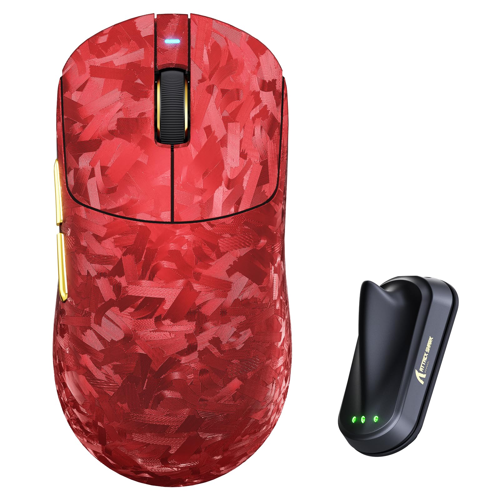 ATTACK SHARK RS3 Ultra Ratón Gaming Inalámbrico, Sensor PAW3955MAX, Chip Nordic 54L15, Fibra de Carbono, 8K Hz Polling, 52K dpi, Ultraligero 63g, BT/2.4G/Cable, Ratón Ergonómico para Esports, Rojo