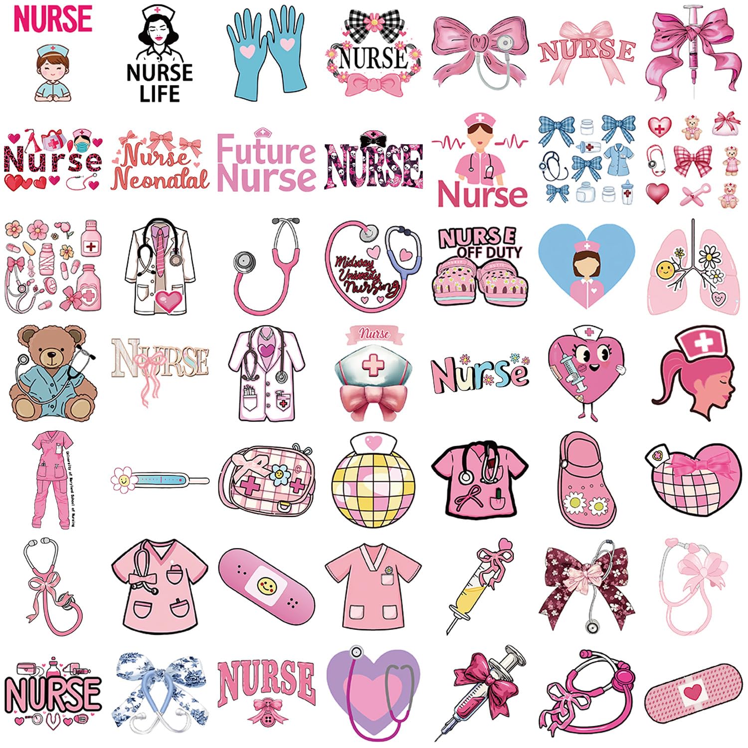 Pink Nurse Stickers 50 Pcs Vinyl Cute Trendy Bow Sticker for Laptop Skateboard Water Bottle Scrapbook Luggage Car Helmet Computer,Waterproof Funny Healthcare Worker Decals for Adults Girls - Image 3