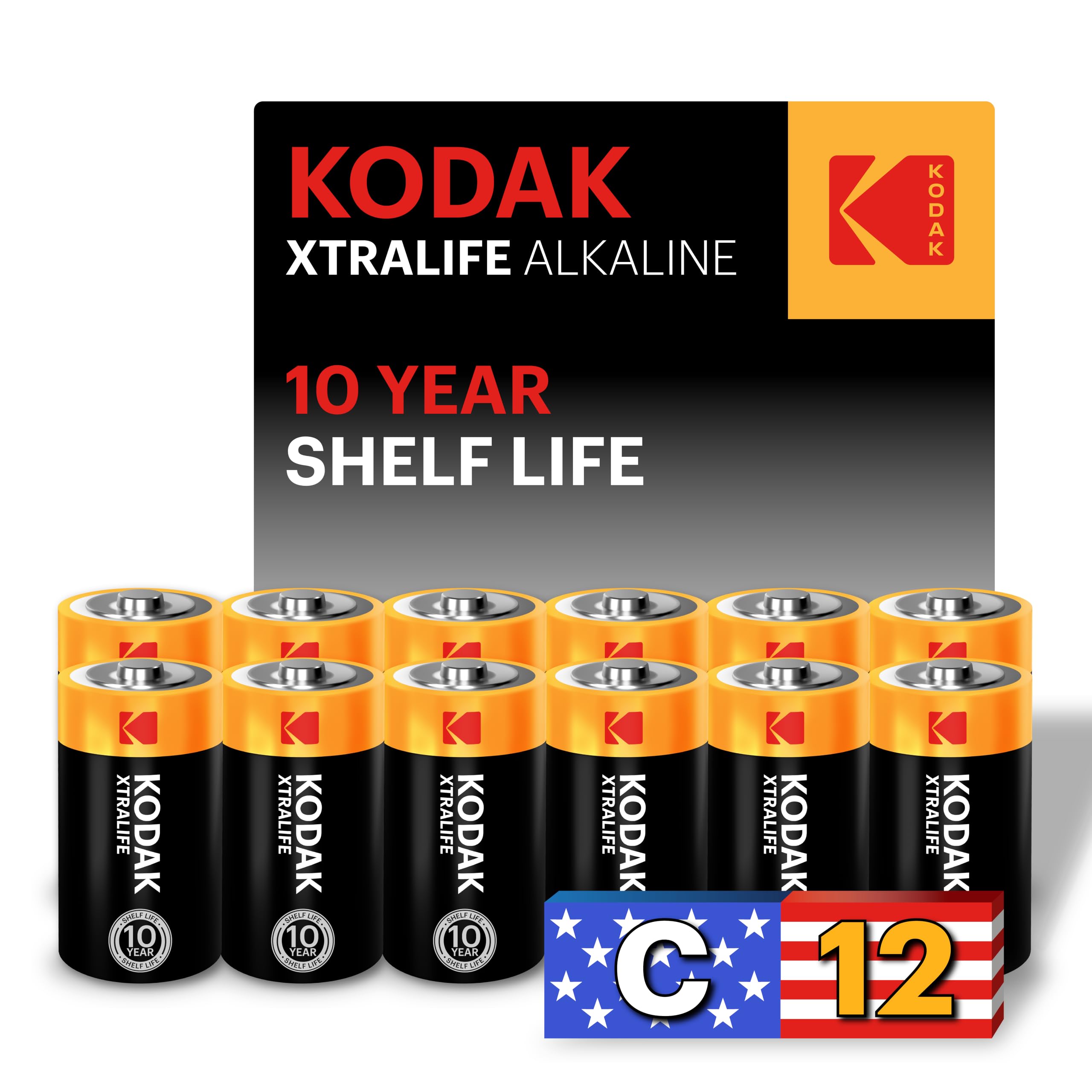 KODAK C Cell Alkaline Batteries (12 Pack) C Size Battery, LR14, 1.5V