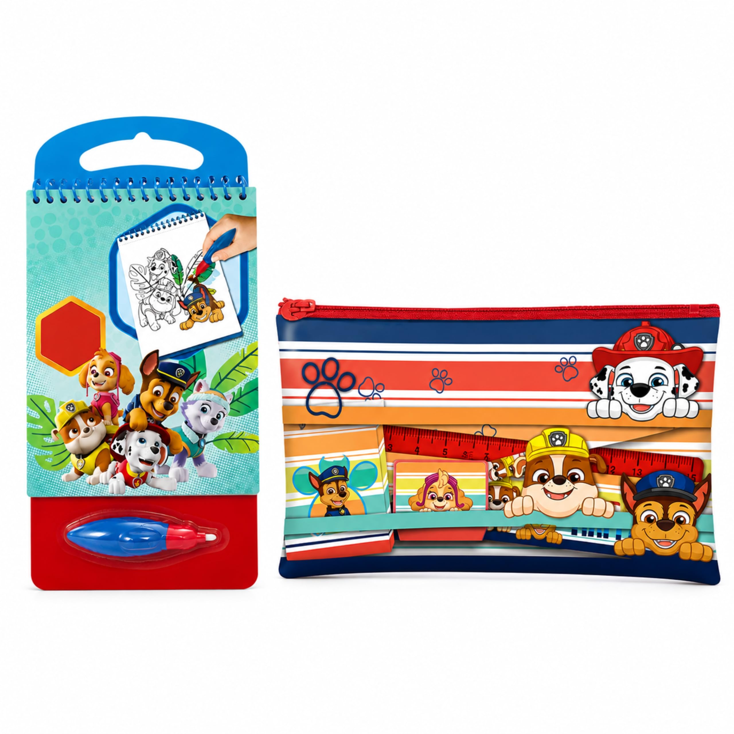 SRV Hub Paw Patrol Bundle, Aqua Magic Water Colouring Book with Magic Pen + 5 Piece Stationery Set, Zipped Pencil Case, Pencil, Eraser, Ruler & Sharpener, Kids Back to School Gift Set 3+