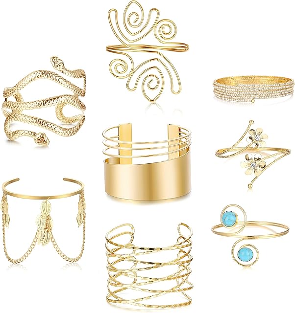 JeryWe 8Pcs Arm Cuff Upper Arm Bands Cuff Bracelet for Women Minimalist Wire Flower Chain Snake Tennis Open Bracelets Coil Bangle Adjustable Armband Set