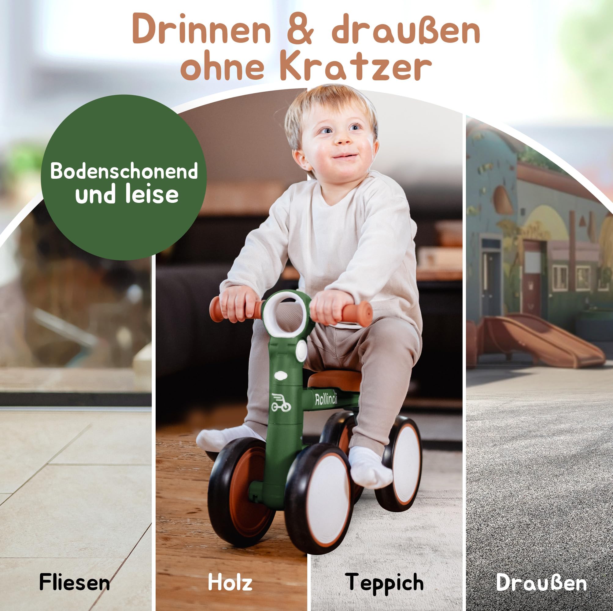 Walk – Sicheres erstes Laufrad ab 1 Jahr, Ultraleicht & kippsicher, leise Räder für drinnen & draußen, mitwachsendes Lauflernrad Baby 12–36 Monate, Geschenk zum 1. Geburtstag, Grün