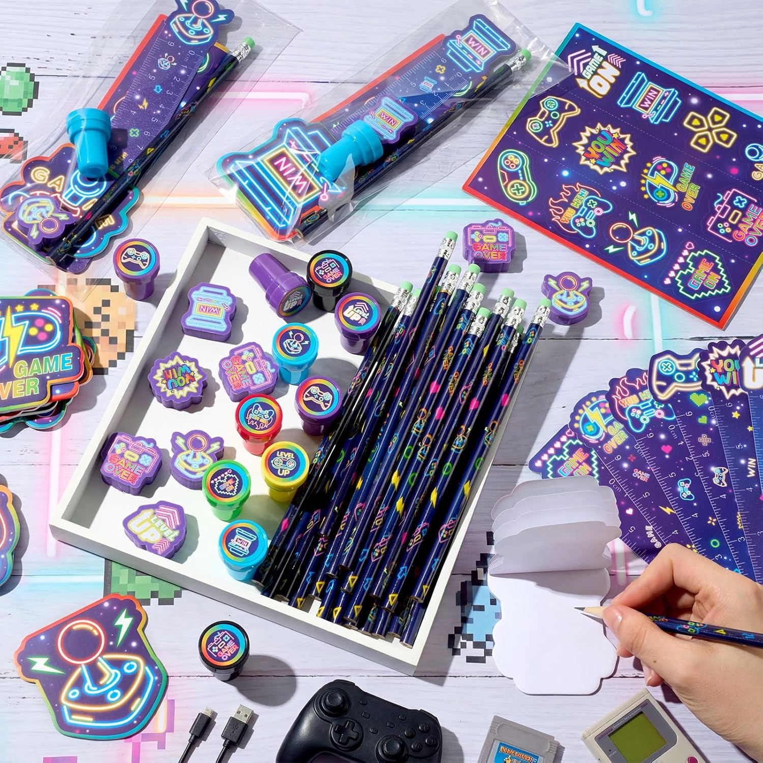 Cholemy 168 Pcs Neon Video Game Party Favors Include Gaming Mini Notebook Gamer Birthday Sticker Pencil Stamper Ruler Eraser for Boy Teen Game Gifts Classroom Rewards Favor Party Supplies Decor (Cool)