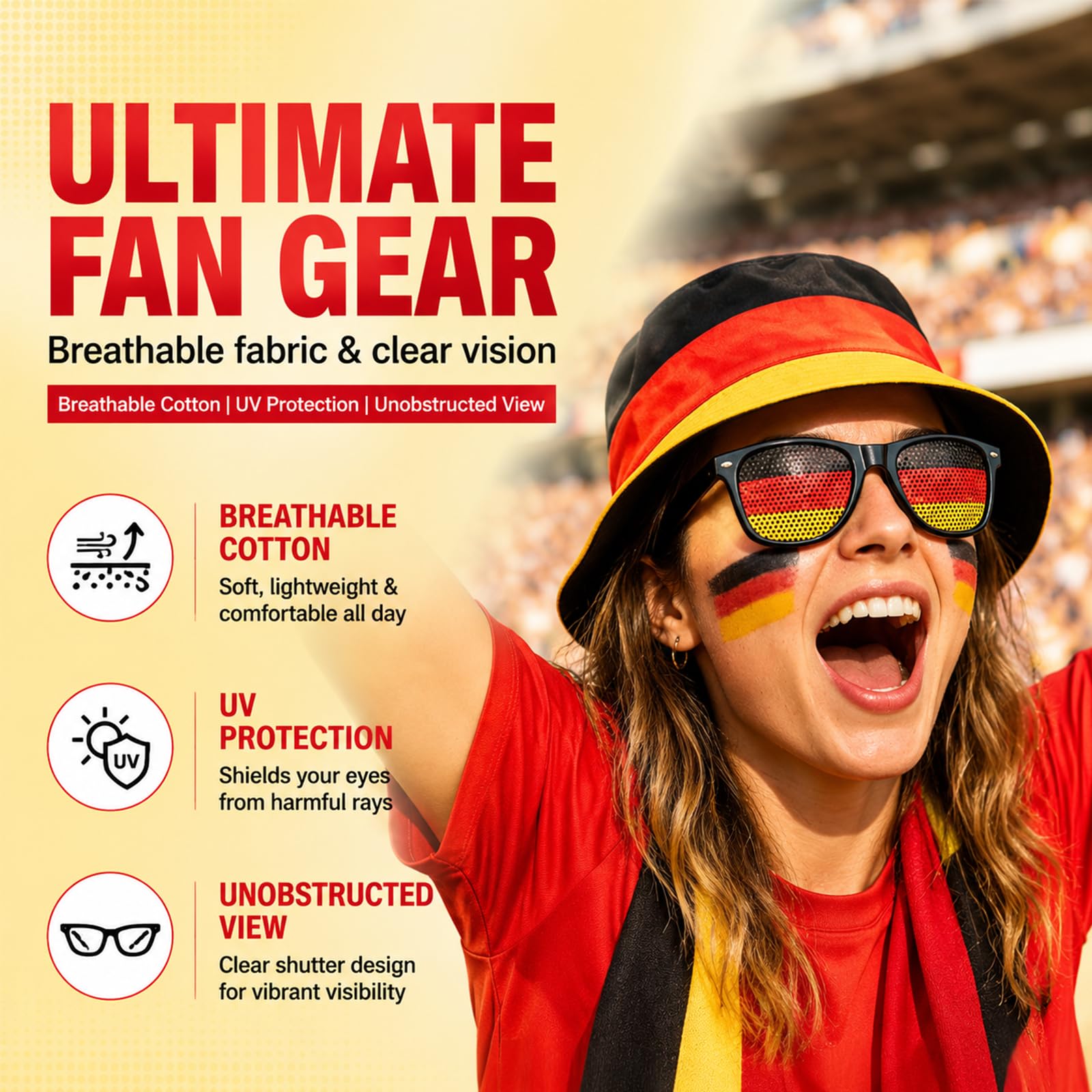 Juego de 2 piezas de artículos para fans de Alemania, accesorios del Mundo con gorra de Alemania, gafas para fiestas de fútbol