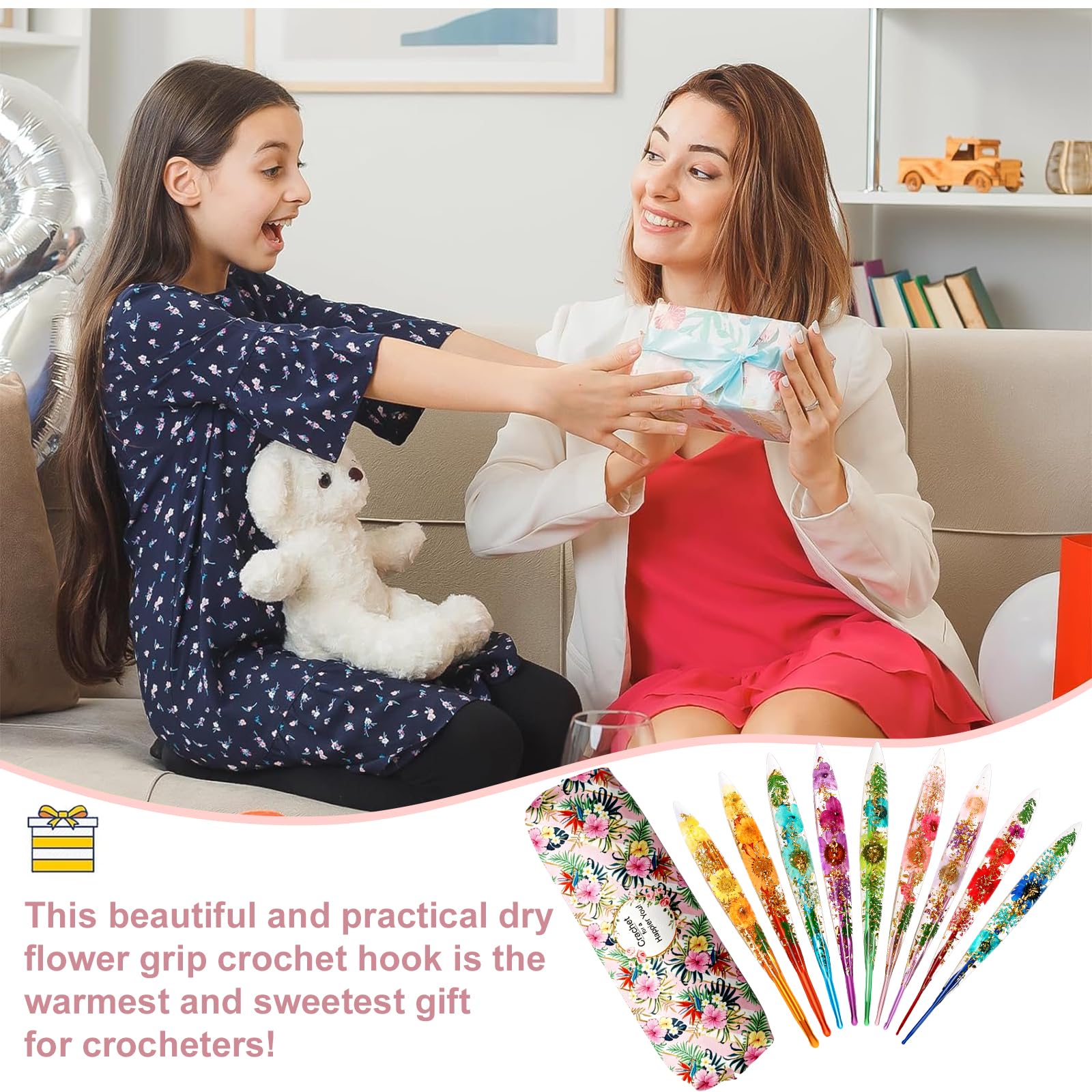 Häkelnadel Set, 9 Stück Häkelset für Anfänger Erwachsene, 2-6 mm Häkel Set Stricknadeln mit Ergonomische Epoxidharz Comfort Grip, Weichen Griff Häkelnadeln mit Funkelndem Blumenmuster